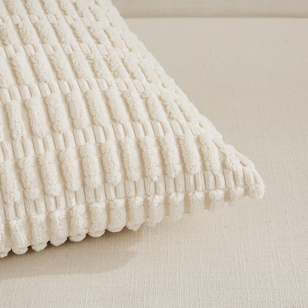 2 Packs Boho Decorative Throw Pillow Covers 18X18 Inch for Living Room Couch Bed Sofa, Rustic Modern Farmhouse Home Decor, Soft Corduroy Cream Square Cushion Case 45X45 Cm