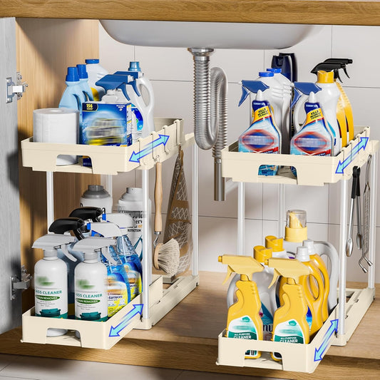 under Sink Organizers and Storage, 2 Pack Pull Out Kitchen Bathroom Cabinet Organizer, 2 Tier Beige under Sink Storage for Bathroom Kitchen