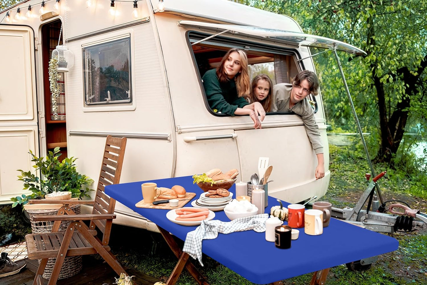 2 Pack 6 Foot Rectangle Elastic Fitted Tablecloth, Waterproof Fabric Table Cover, Washable Polyester Table Cloth for Picnic, Camping, Outdoor (Blue, 30" X 72")