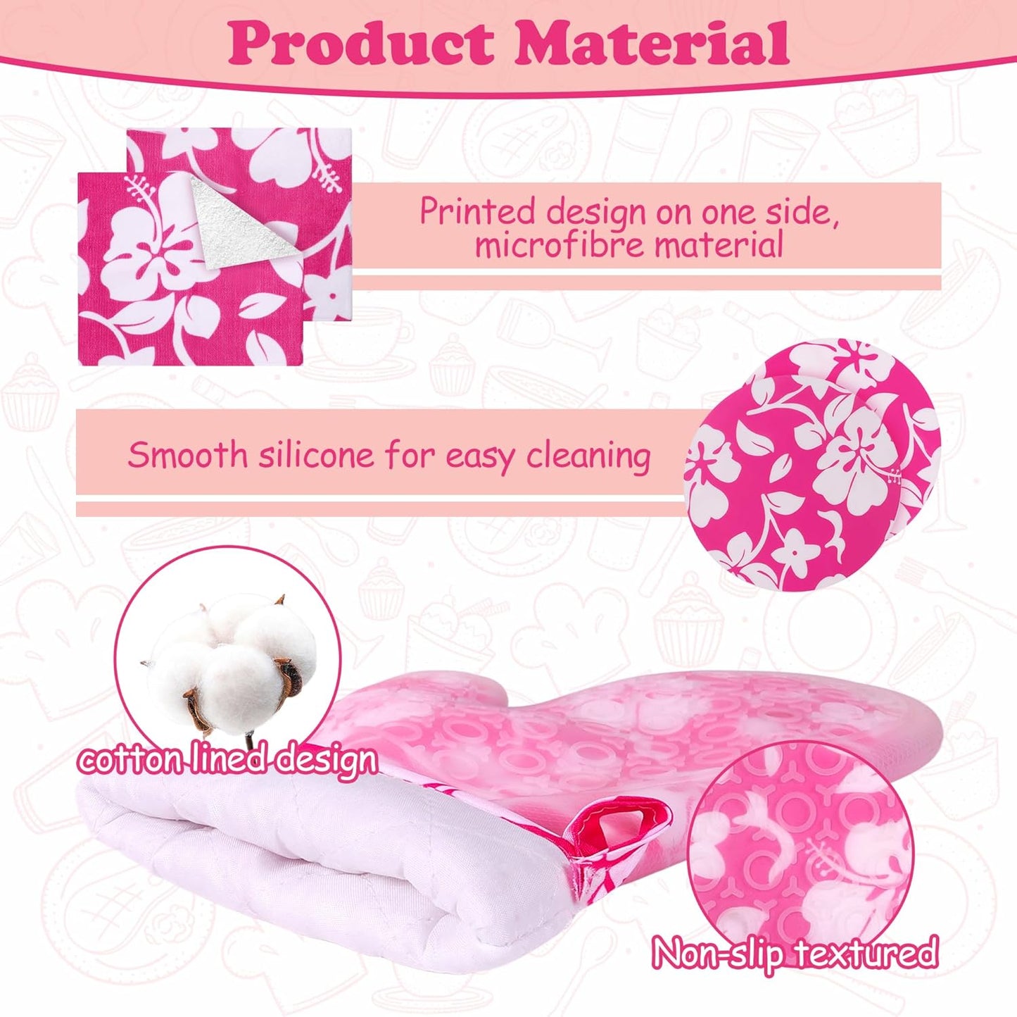 6PCS Pink Oven Mitts and Pot Holders Towels Set,Heat Resistant with Non-Slip Silicone Surface Baking Gloves,Applies to Grilling and Cooking Cute Kitchen Accessories and House Decor