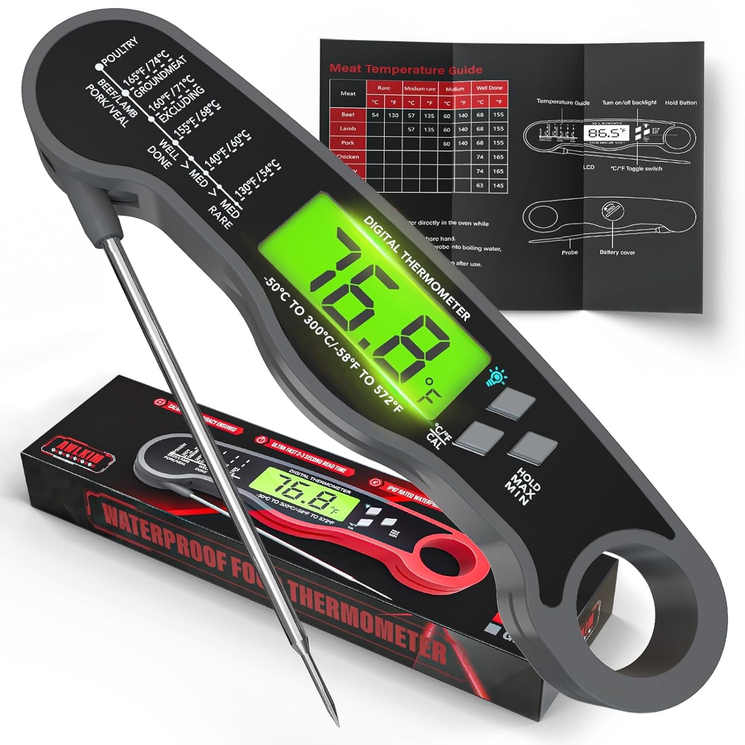 ® Instant Read Meat Thermometer Digital - Waterproof Food Thermometer with Backlight for Cooking, Grill, Candy, Kitchen & Stocking Stuffers for Men - Grey