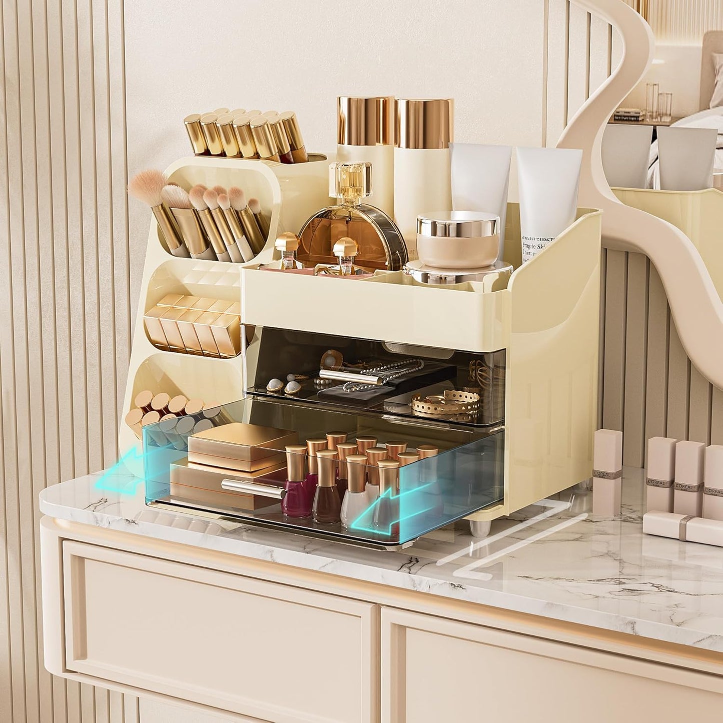 Makeup Organizer with Drawers for Vanity, Spacious Cosmetic Display Case with Makeup Brush Holder, Perfect Vanity Bathroom Organizer and Storage Solution for Skincare & Beauty Essentials, Beige