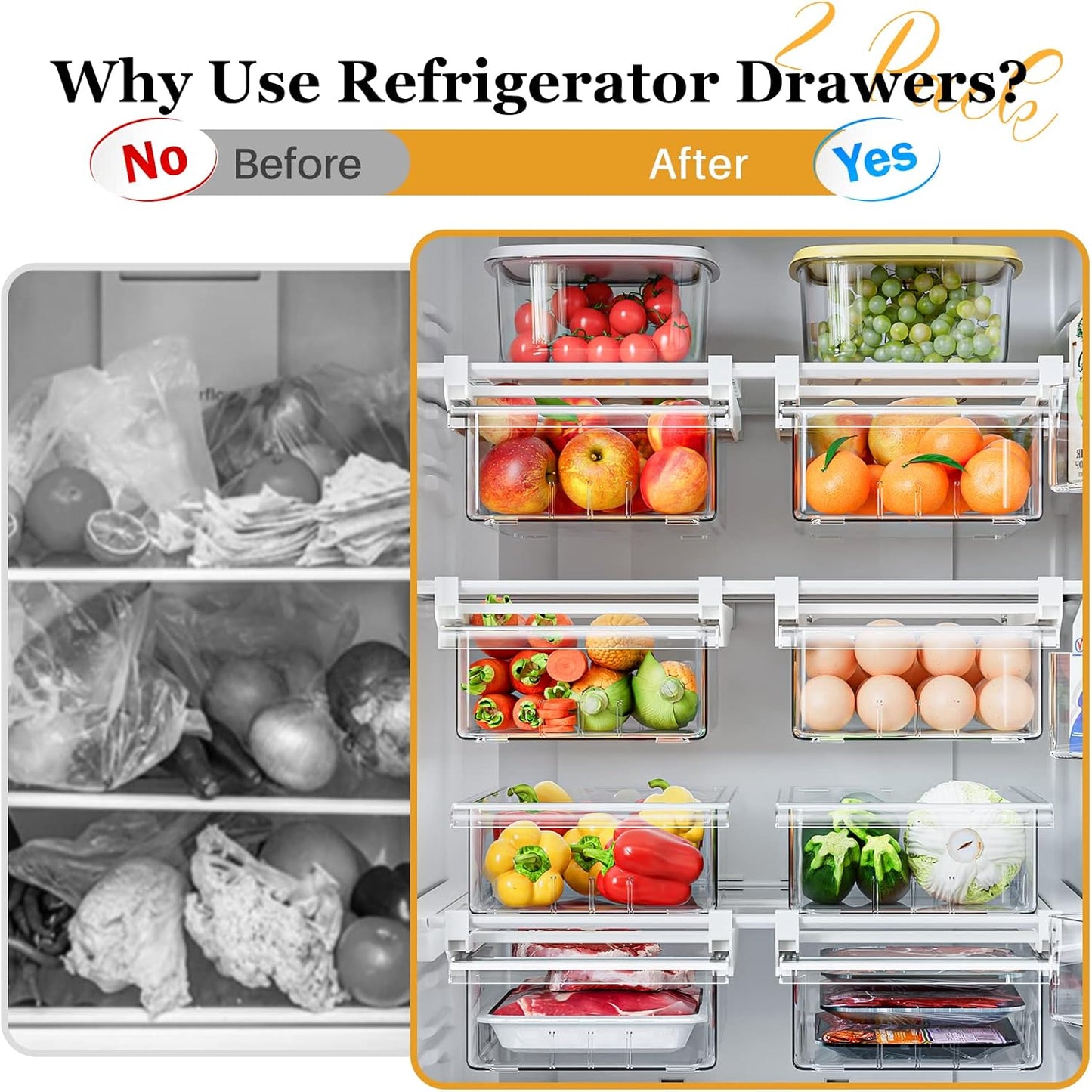 2 Pack Refrigerator Drawer Organizer, Pull Out Shelf Storage Transparent Organizer for Egg, Fruit, Vegetable, Seafood, Meat, Fit All Fridge Shelves under 0.6''