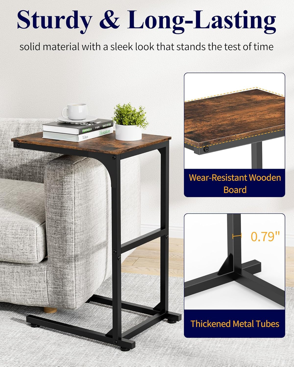Side Table - C-Shaped Small End Tables for Living Room & Bedroom, Rustic-Style Narrow Couch Table for Small Spaces, Leveling Feet Attached, 15.7"×11.8"×24.0"