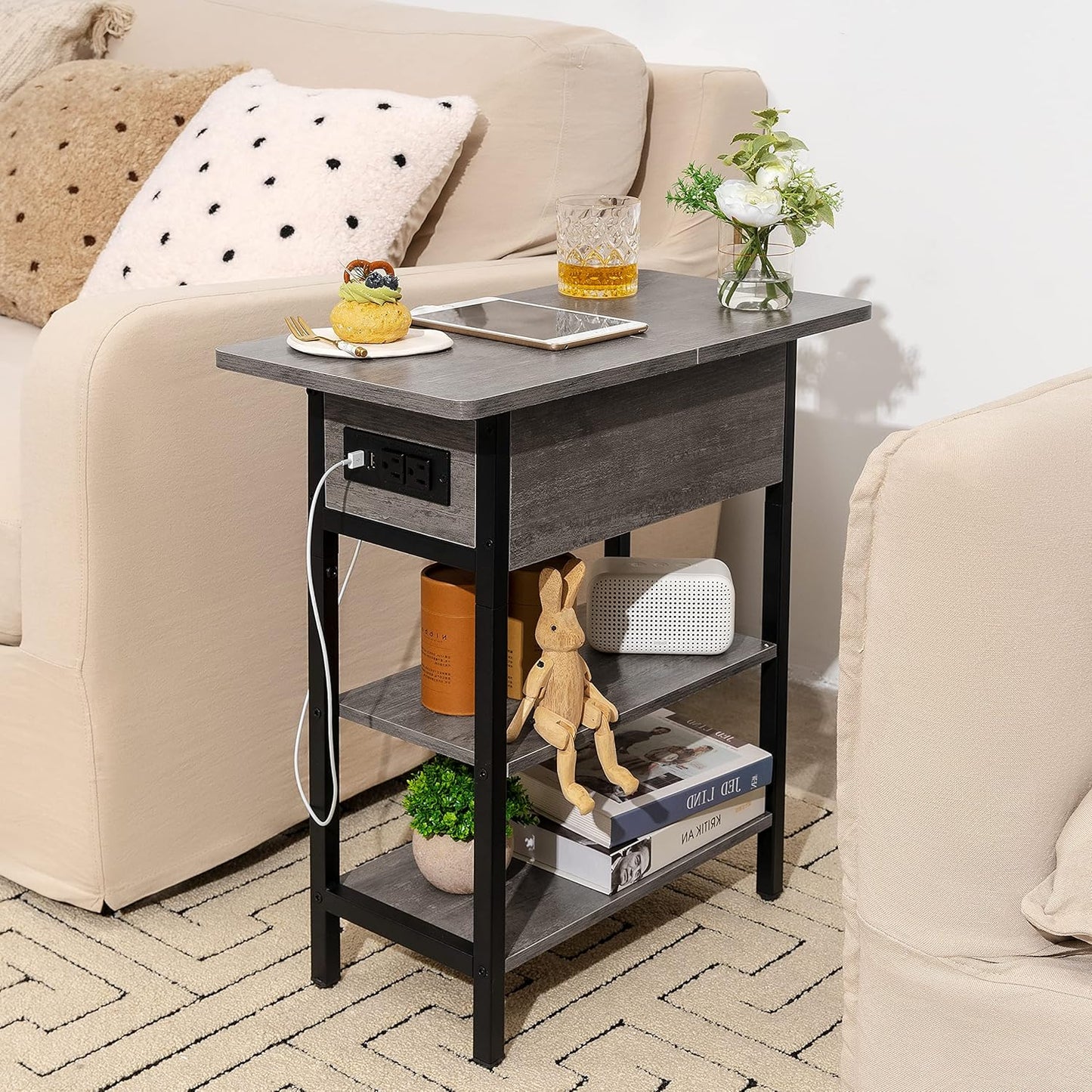 End Table with Charging Station, Flip Top Side Table with USB Ports and Outlets, Sofa Couch Table Bedside Table for Living Room Bedroom, Narrow Nightstand with Storage Shelves for Small Space
