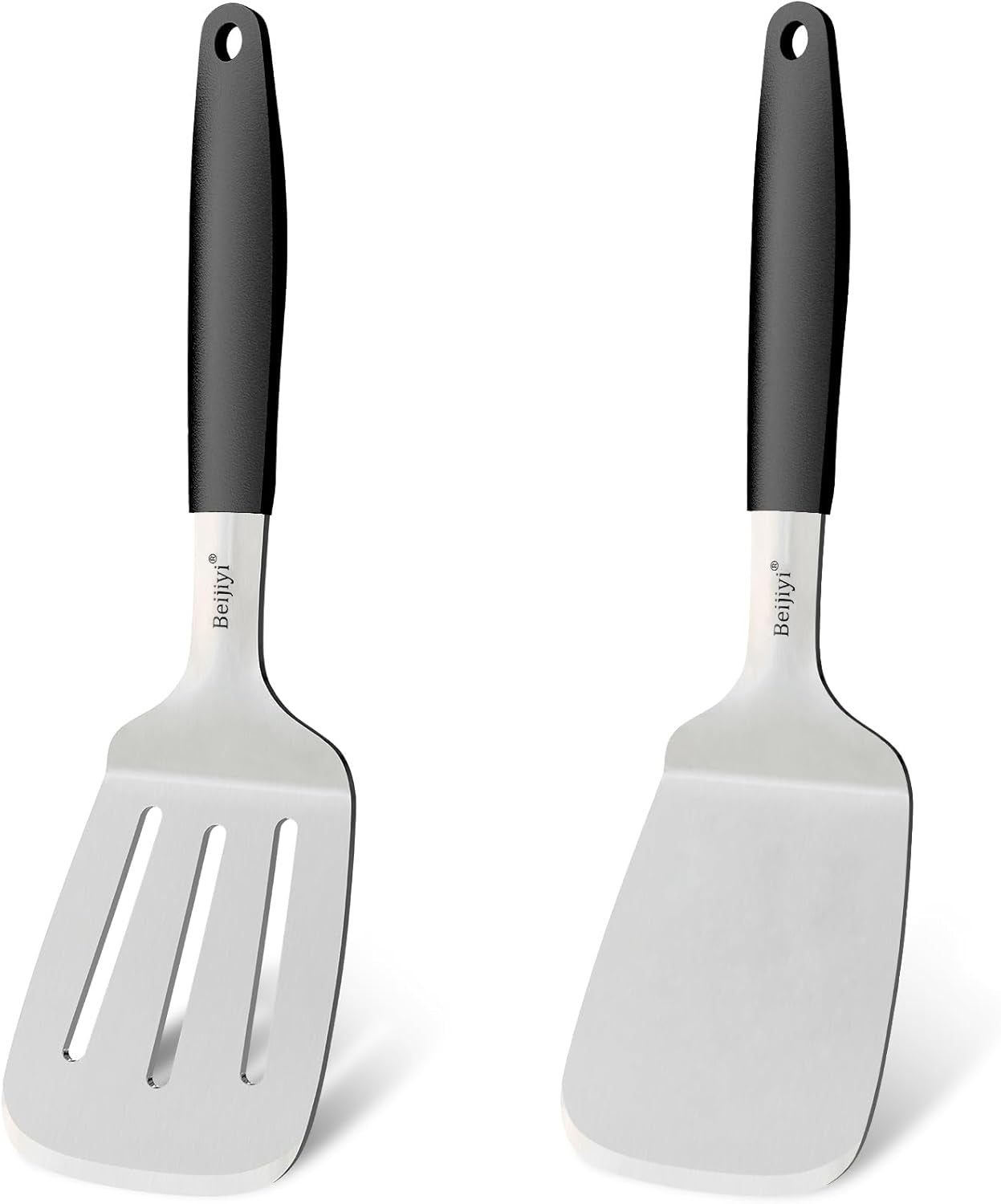 Stainless Steel Spatulas Set, Solid and Slotted Metal Turner Spatula for Cooking Cast Iron Skillet, Kitchen and Griddle Spatula with Full Tang Silicone Handle for Smash Burger, Pancake, Egg