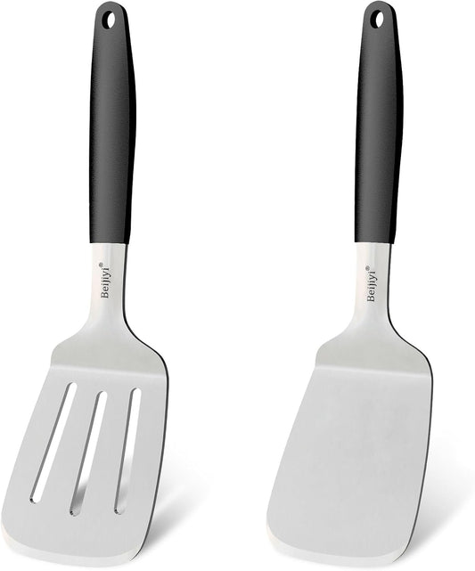 Stainless Steel Spatulas Set, Solid and Slotted Metal Turner Spatula for Cooking Cast Iron Skillet, Kitchen and Griddle Spatula with Full Tang Silicone Handle for Smash Burger, Pancake, Egg