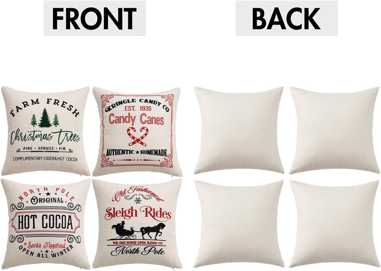 Set of 4 Holiday White Decorative Pillow Covers 18X18 Inch Candy Canes Sleigh Christmas Tree Throw Pillow Cases Winter Seasonal Cushion Cases Home Decors for Sofa Couch Bedroom