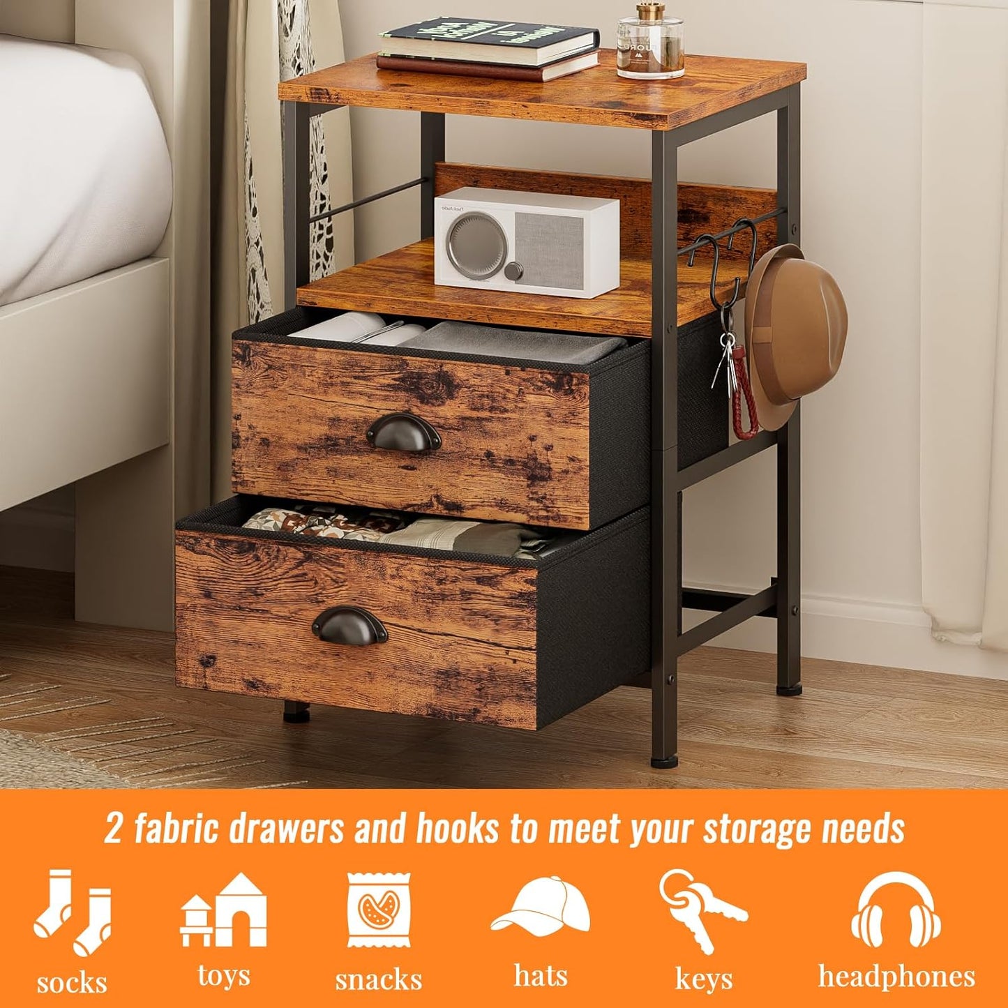 Nightstands Set 2, Bedside Table with 2 Fabric Drawers, End Table with Hooks and Shelf, Side Table for Bedroom/Living Room/Study/Hallway/Brown