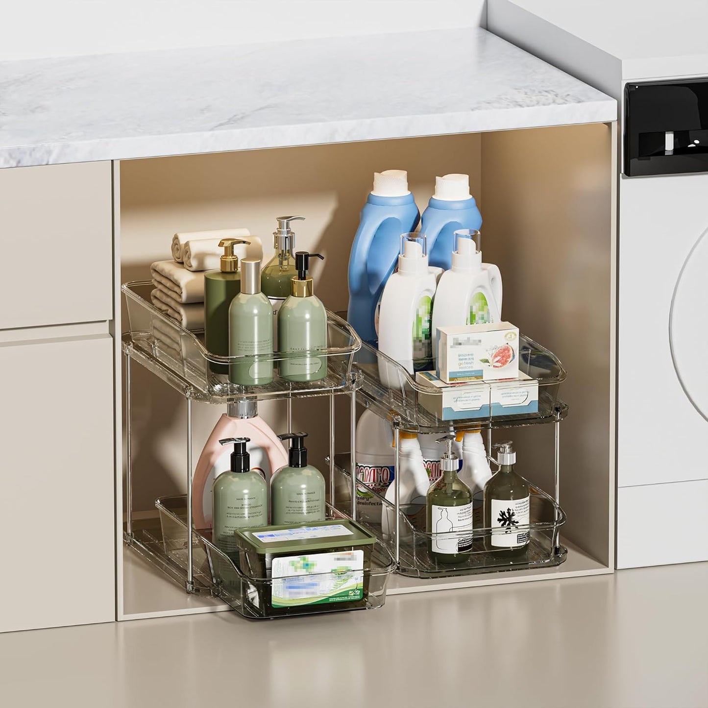 2 Sets of 2-Tier Clear under Sink Organizers and Storage, Multi-Purpose Stackable Bathroom Cabinet Organizers, Grey