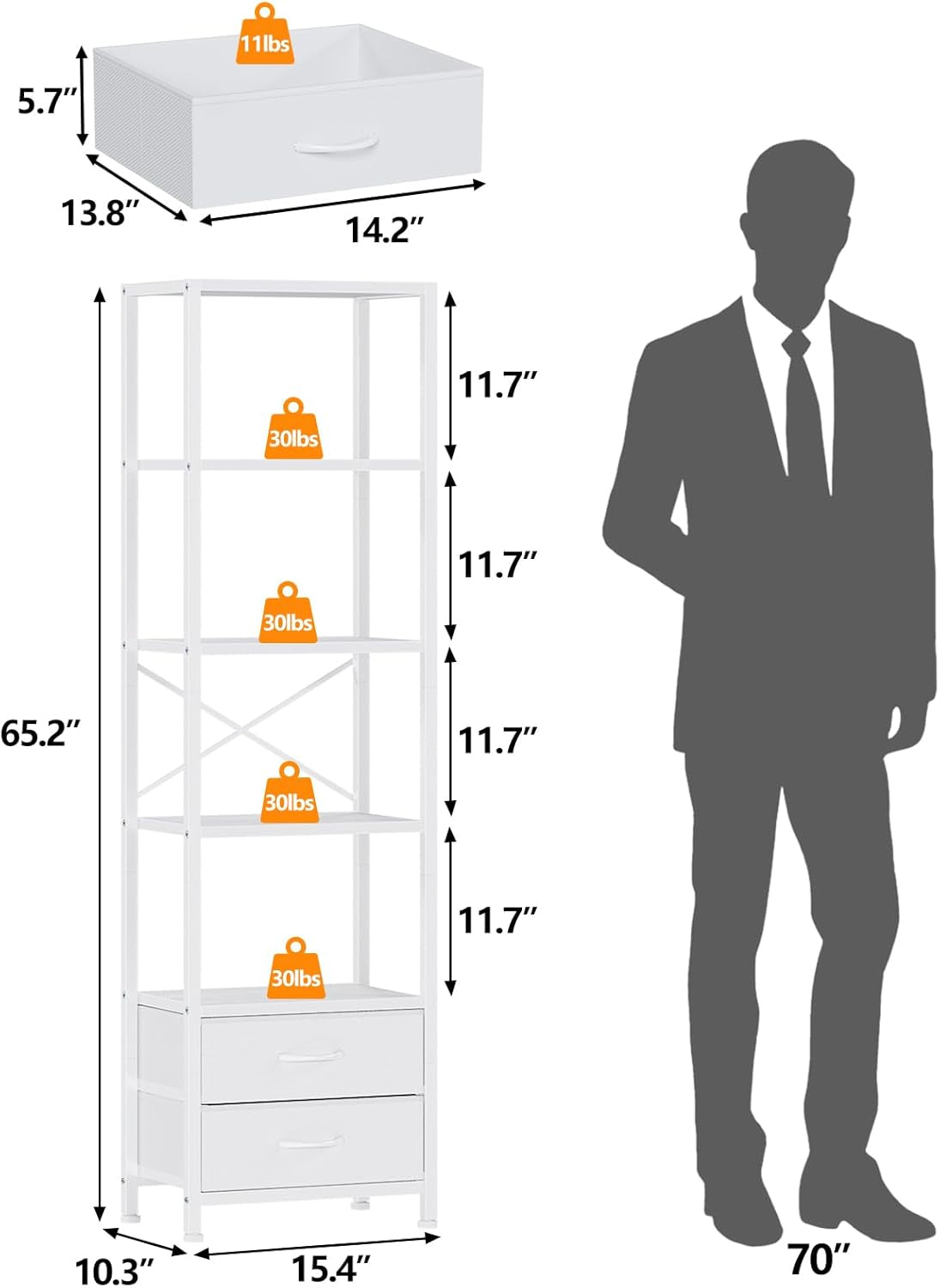 5-Tier Corner Shelf with 2 Storage Drawers, Tall Wood Display Bookcase and Organizer Unit for Living Room and Bedroom, Metal Frame (White)