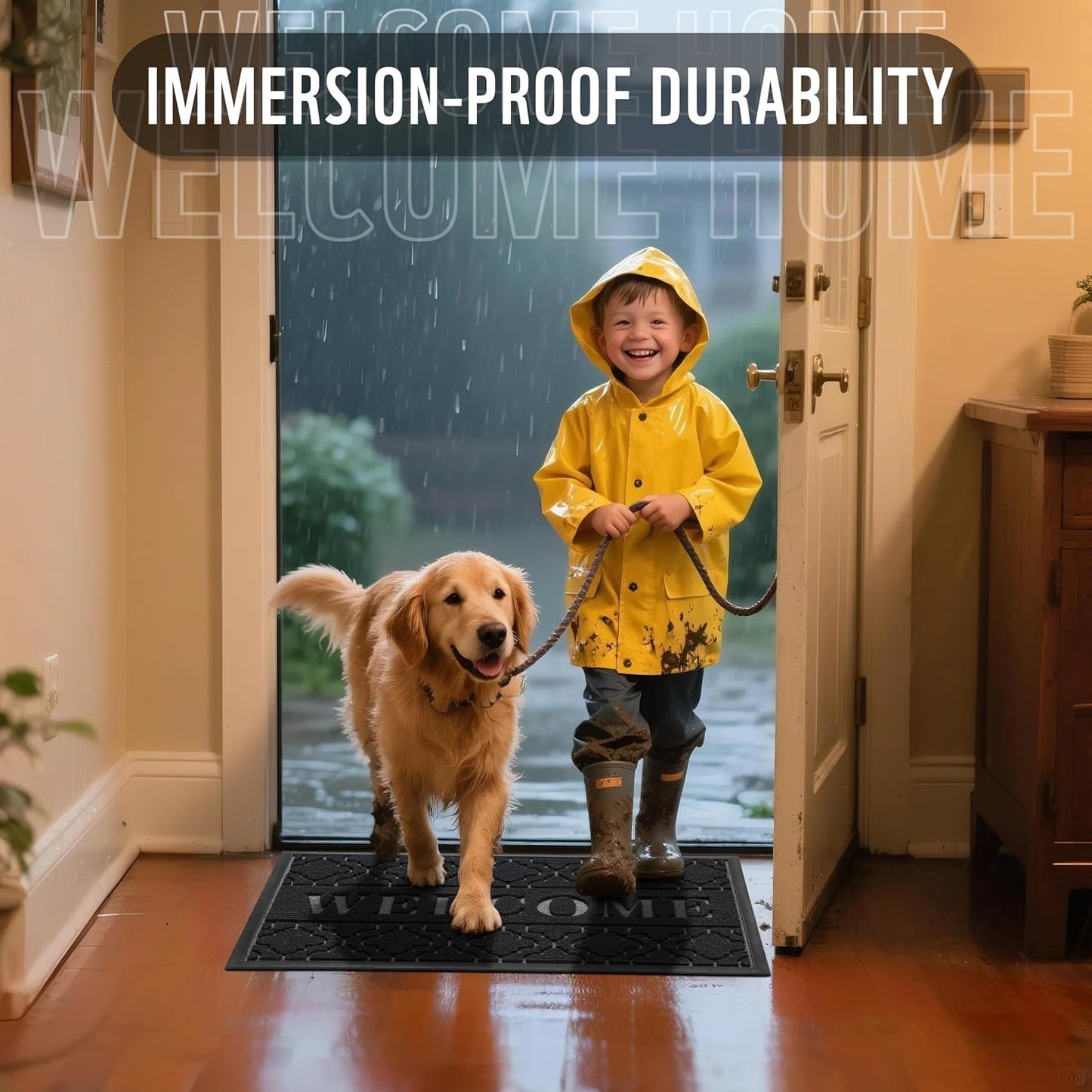 Welcome Mat Outdoor Indoor 29.5X17, All-Weather Waterproof Front Door Mat outside Entrance, Non-Slip Low Profile Porch Patio Doormat, Black