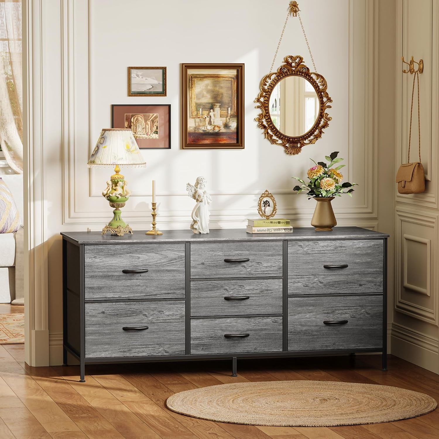 7-Drawer Fabric Dresser and 47-Inch TV Stand for 43-55 Inch TVs, Wide Chest of Drawers for Bedroom Storage, Metal Frame, Grey