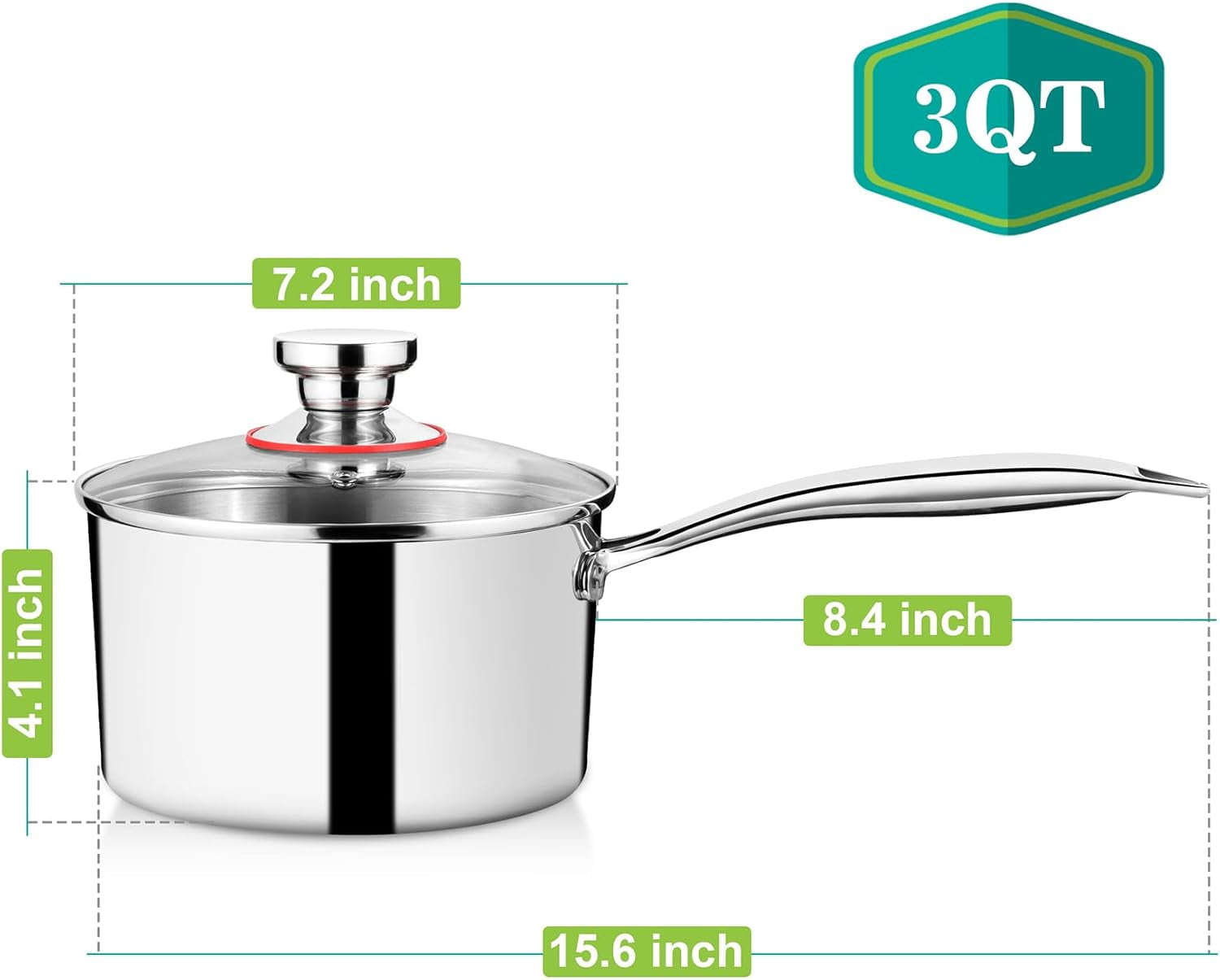 3 Quarts Tri-Ply Stockpot and Saucepan, Stainless Steel Sauce Pan with Lid, Cooking Induction Pot, Kitchen Cookware for All Stoves, Non-Toxic, Durable & Dishwasher Safe, 1 Piece