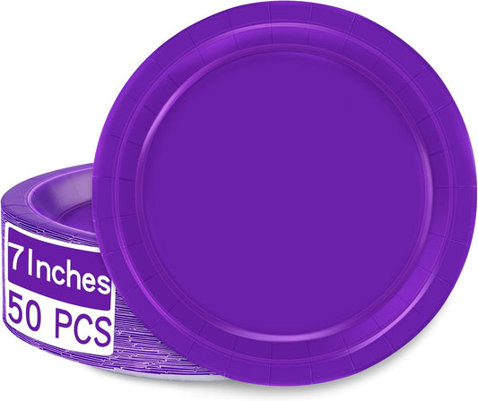 Paper Plates 7 Inches 50 Count, Disposable Plates Heavy Duty, Purple Party Dessert Plates, Disposable Paper Dinnerware, Small Paper Plates for Birthday Halloween Graduation Bridal Party Supplies