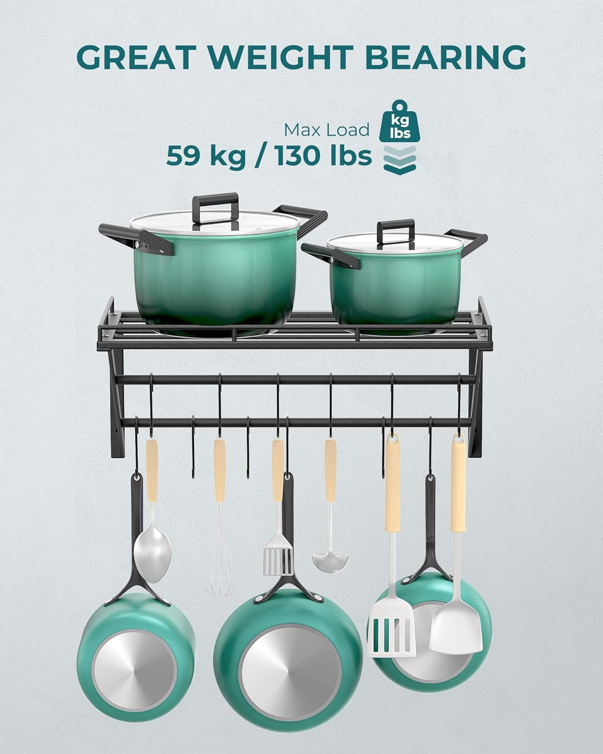 23 Inch Wall Mounted Pot Rack Storage Shelf with 2 Tier Hanging Rails 12 S Hooks Included, Ideal for Pans, Utensils, Cookware, Plant Black