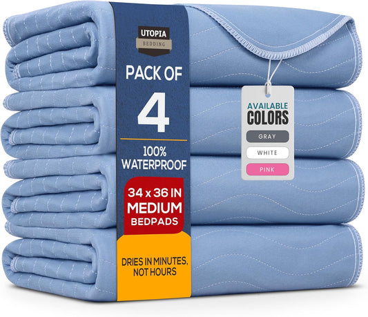 Washable Underpads 34" X 36" (Pack of 4), Waterproof Reusable Heavy Absorbency Incontinence Bed Pads for Adults, Kids, Elderly and Pets, Bedwetting Pads for Sofa and Couch (Blue)