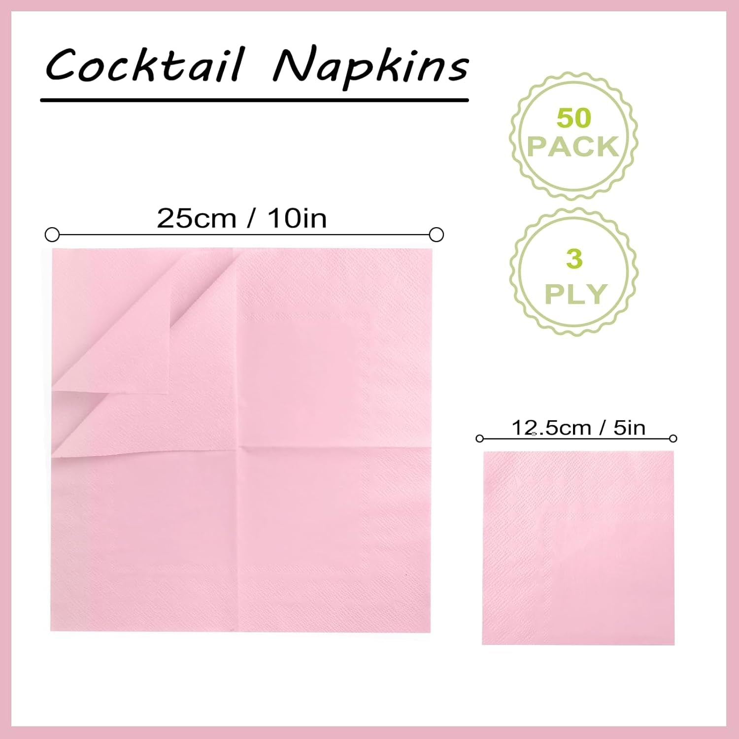 50 Pcs 3-Ply Light Pink Napkins Disposable Pink Cocktail Napkins Dessert for Dinner Wedding Birthday Party Anniversary Party, Baby Shower, Baby Pink Napkins 5 X 5 Inch Folded