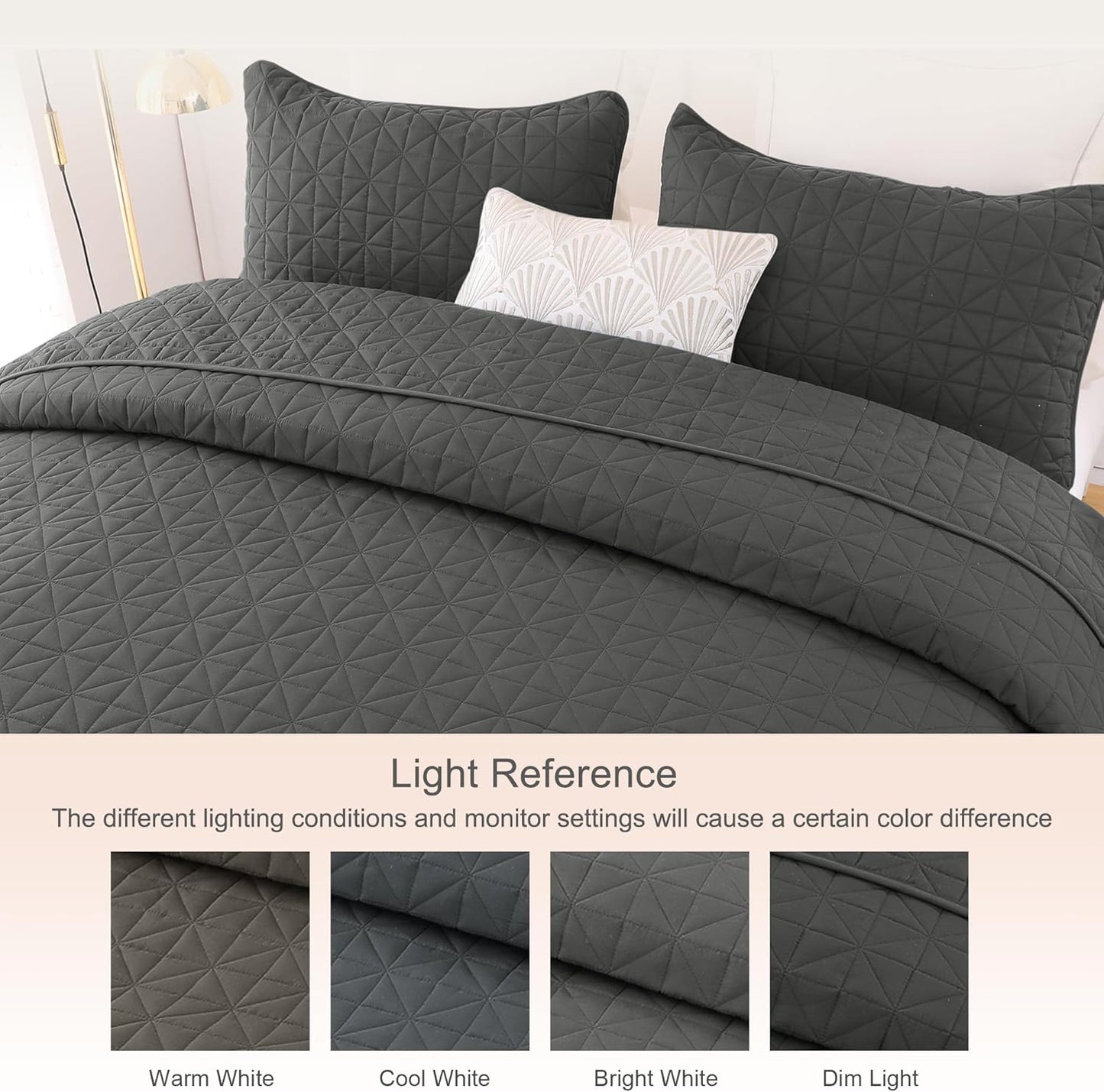 Queen Size Quilted Bedding Set with Stitched Grid Design, Lightweight Grey Bedspread and Pillow Shams for Year-Round Comfort (Includes 1 Quilt and 2 Pillow Shams)