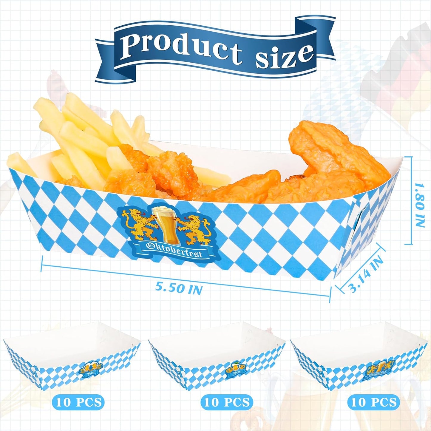 30 PCS Oktoberfest Decoration, Oktoberfest Food Trays with 3 Designs, Disposable Beer Gathering Supply, Paper Snack Take Out Food Serving Tray Blue White Checkered Tray Oktoberfest Party Supplies