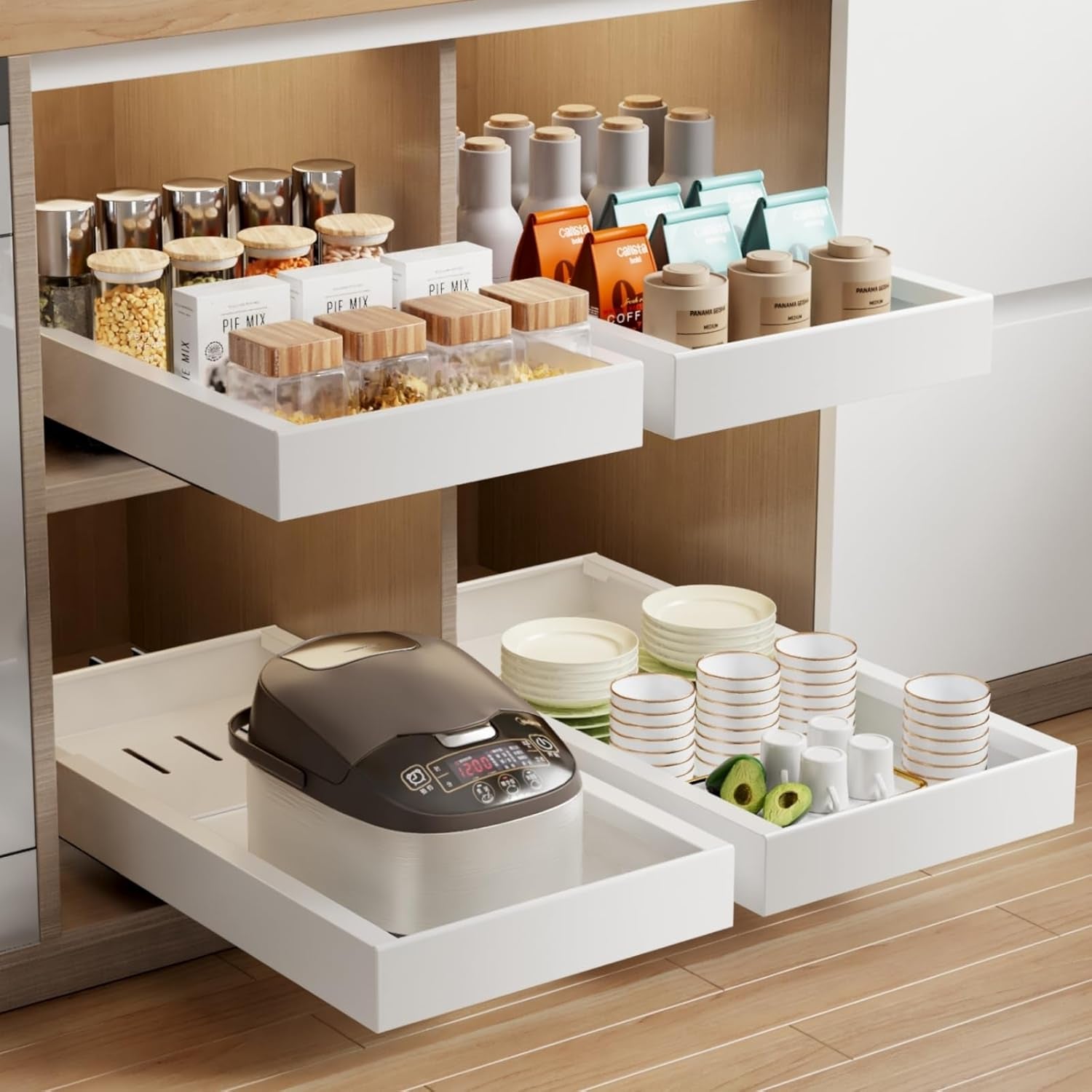 2 Pack Pull Out Cabinet Organizer, 21.8" Deep Slide Out Drawer for Cabinets Adhesive Pull Out Drawers Heavy Duty Pull Out Shelves for Kitchen, Cupboard, Pantry, Bathroom-White