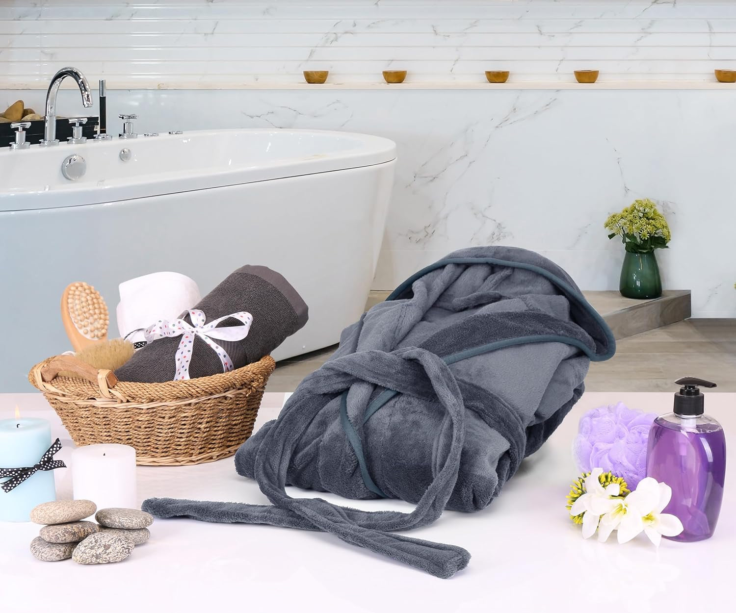 Men'S Hooded Fleece Bathrobe Plush Long Spa Robe