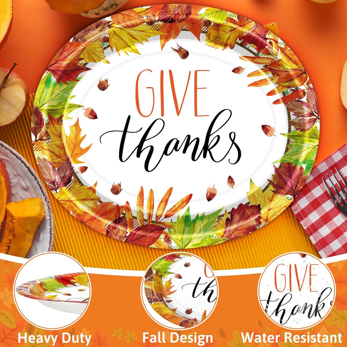 50 Pcs Thanksgiving Plates, 12.2 × 10.2 Inches Oval Thanksgiving Paper Plates, Maple Designs Disposable Fall Dinnerware, Heavy Duty Autumn Platters for Harvest Party Supplies Decorations