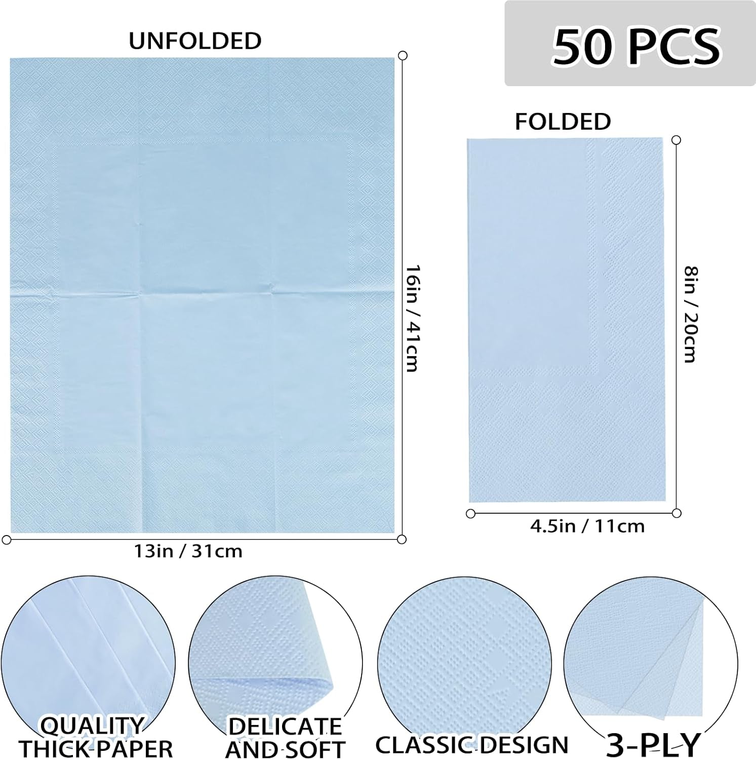 50 Pcs 3-Ply Blue Scalloped Cocktail Napkins Guest Bathroom Napkins Thick Paper Napkins Disposable Party Napkins Beverage Napkins for Birthday, Wedding,Anniversary Party, Baby Shower 13 X 15.7 Inches