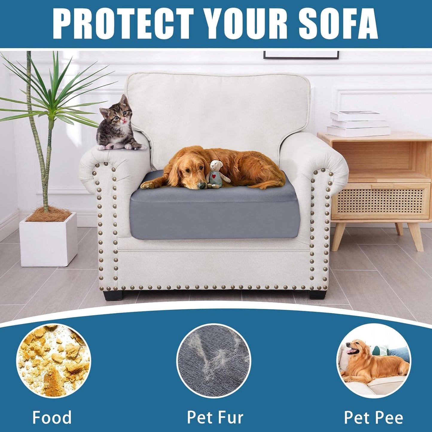 Waterproof Couch Cushion Covers, Stretch Washable Sofa Cushion Cover, Soft Sofa Slipcover Elastic Non-Slip Furniture Protector for Pets, Kid (1 Pack, Grey)