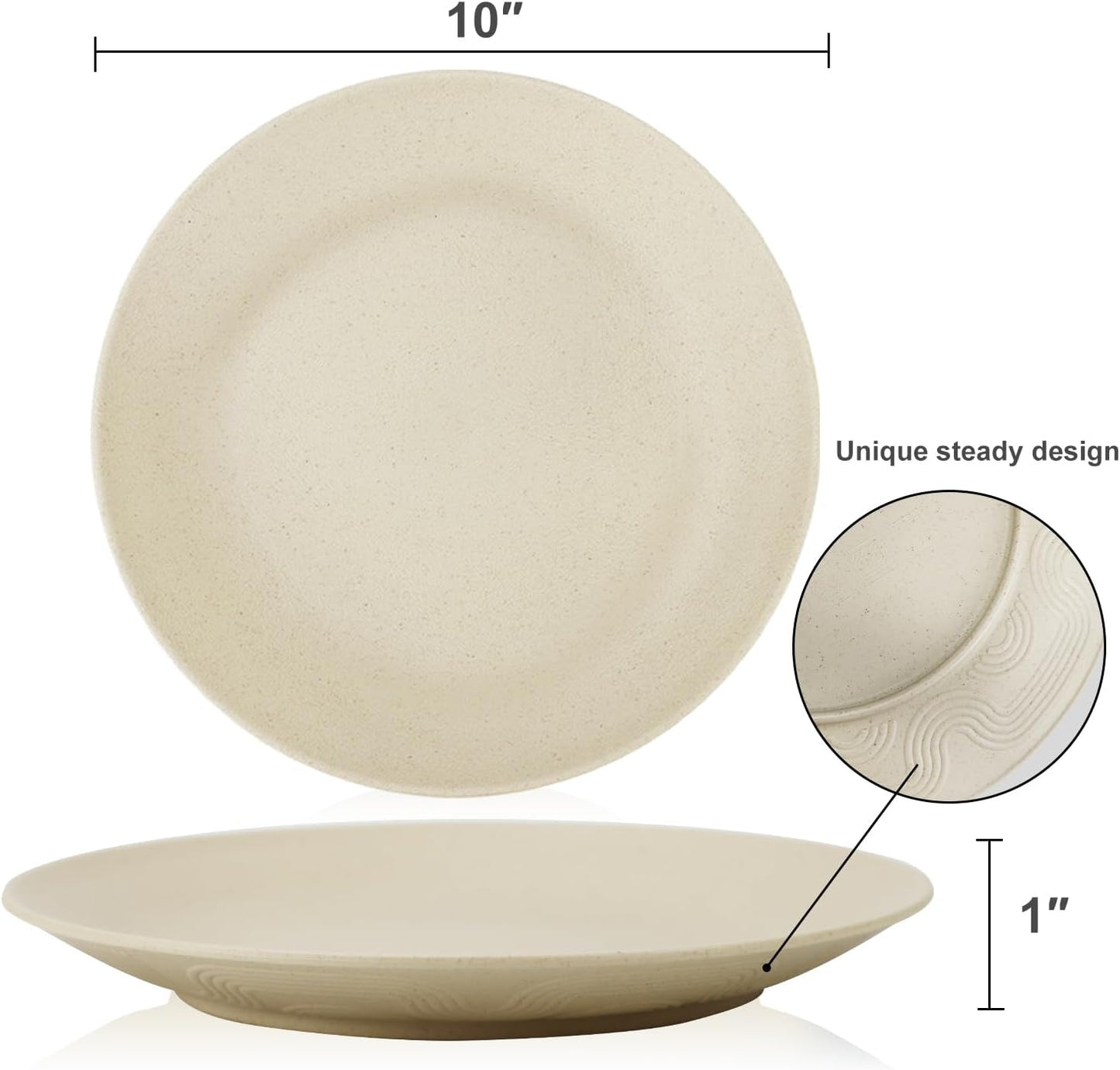 Wheat Straw Dinner Plate Set of 8 - Eco-Friendly, Microwave and Dishwasher Safe, Durable and Unbreakable - Perfect for Kitchen, Camping, Salads, and Appetizers (Beige, 10 Inch)
