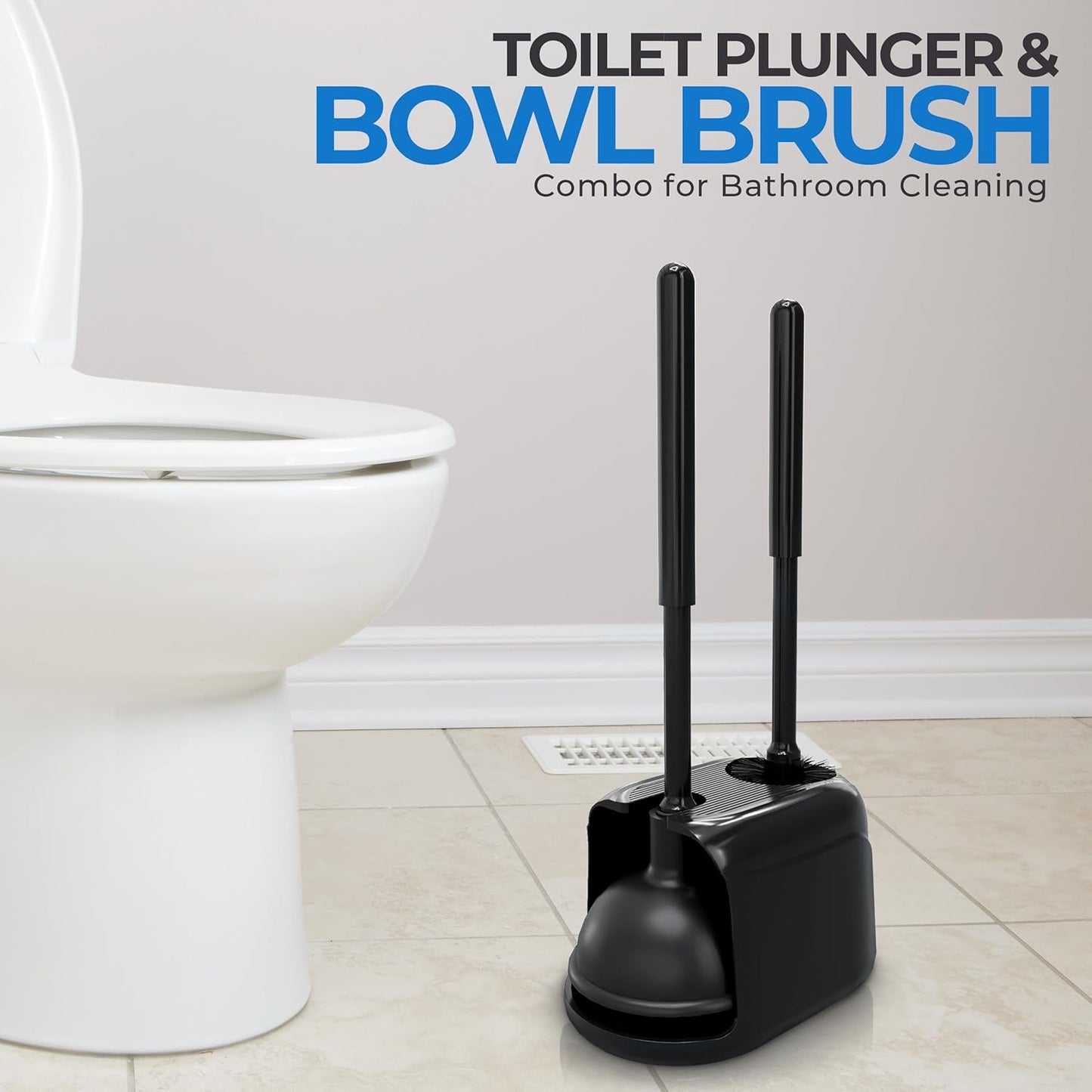 Toilet Plunger and Brush Set with Holder for Deep Cleaning, Includes Toilet Bowl Brush and Plunger for Effective Bathroom Cleaning (Pack of 1, Black)