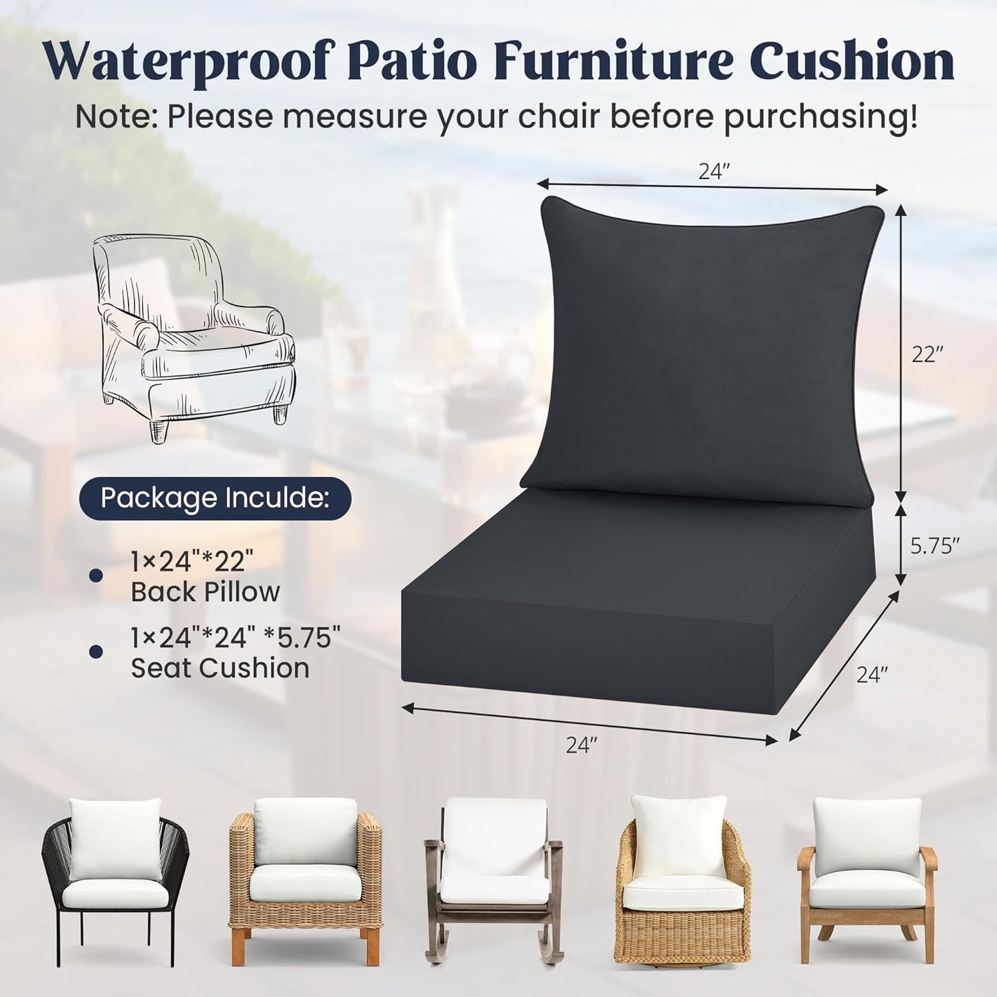 ® Outdoor Seat Cushions 24 X 24 X 5.75 Inch, Waterproof & Fade Resistant Patio Furniture Replacement Cushions with Removable Cover for Chair, Sofa, Couch, Wicker, Dark Gray