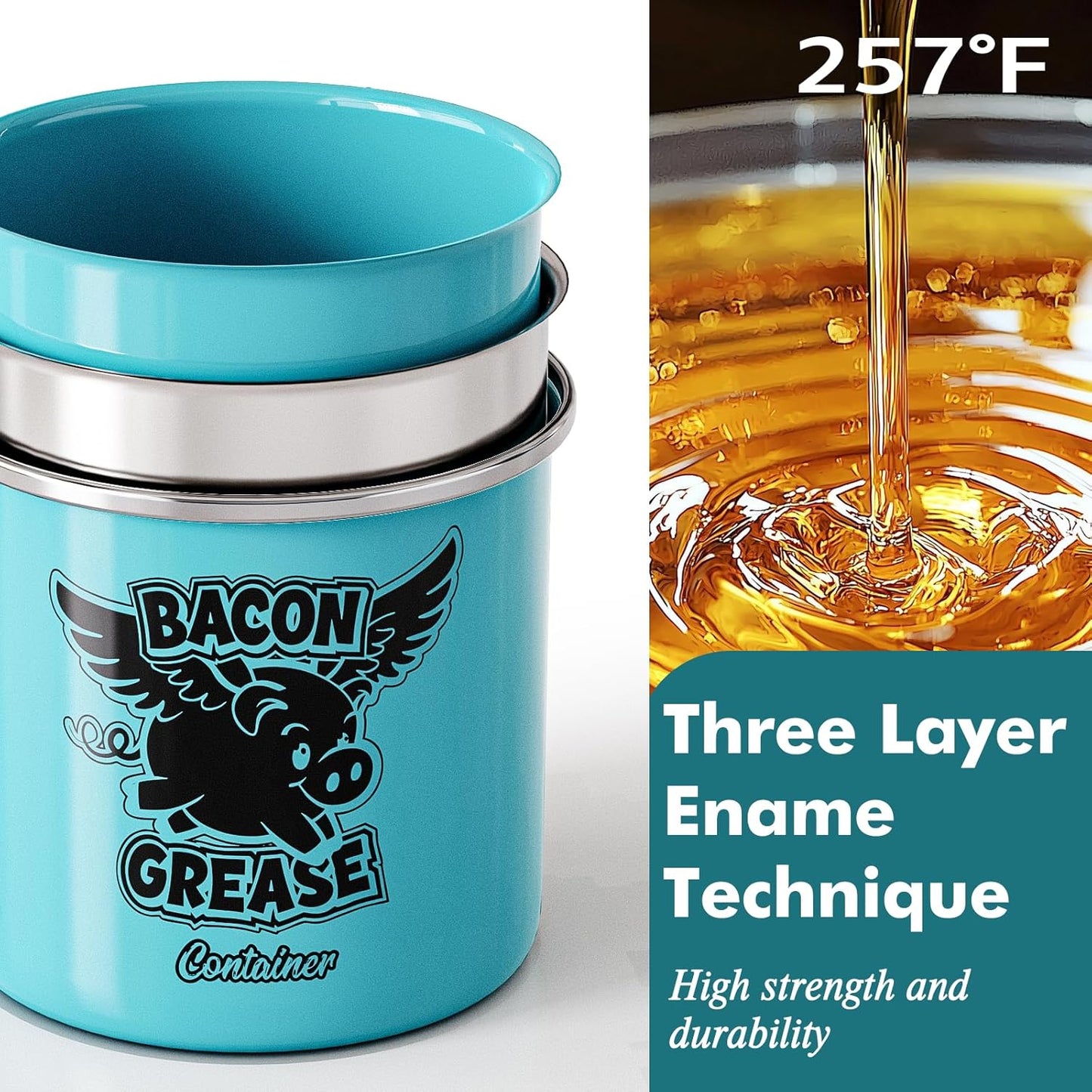 Mini Bacon Grease Container with Strainer - 15OZ Farmhouse Enamel Grease Saver, Fat Storage for Kitchen, Dishwasher Safe-Light Blue