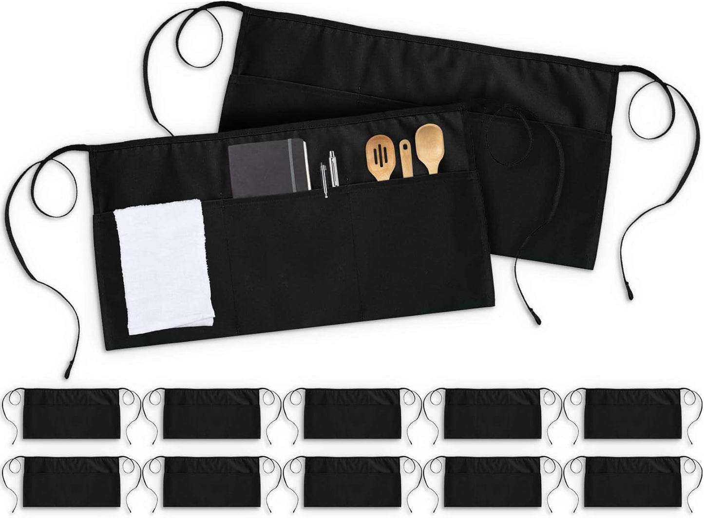 12 Pack Server Apron with 3 Pockets, Waist Apron for Waiter Waitress, 12 Inches