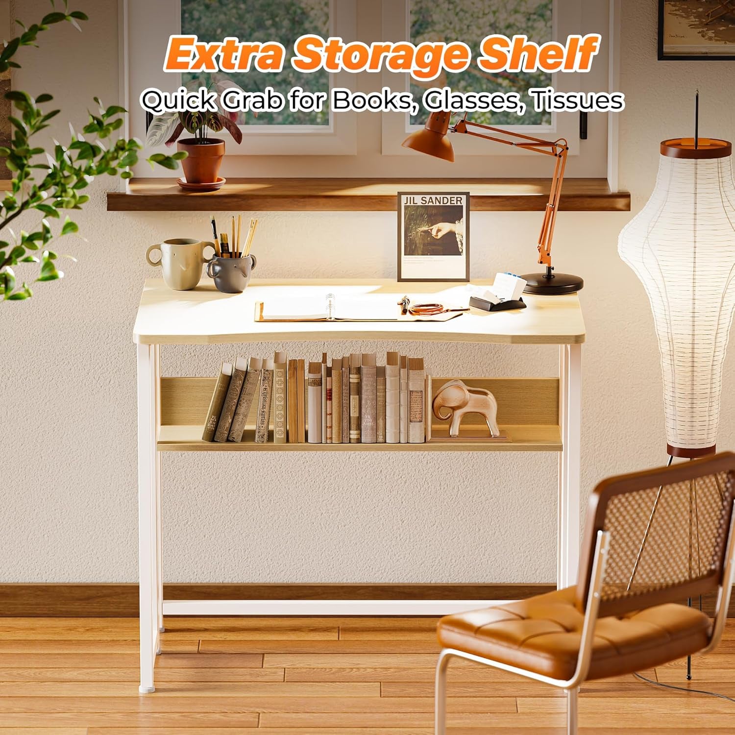 Folding Desk with Storage Shelf - 31.5 Inch Compact Computer Table for Small Spaces, Space-Saving Sofa Table, Writing and Office Use, Easy to Fold, Oak Finish