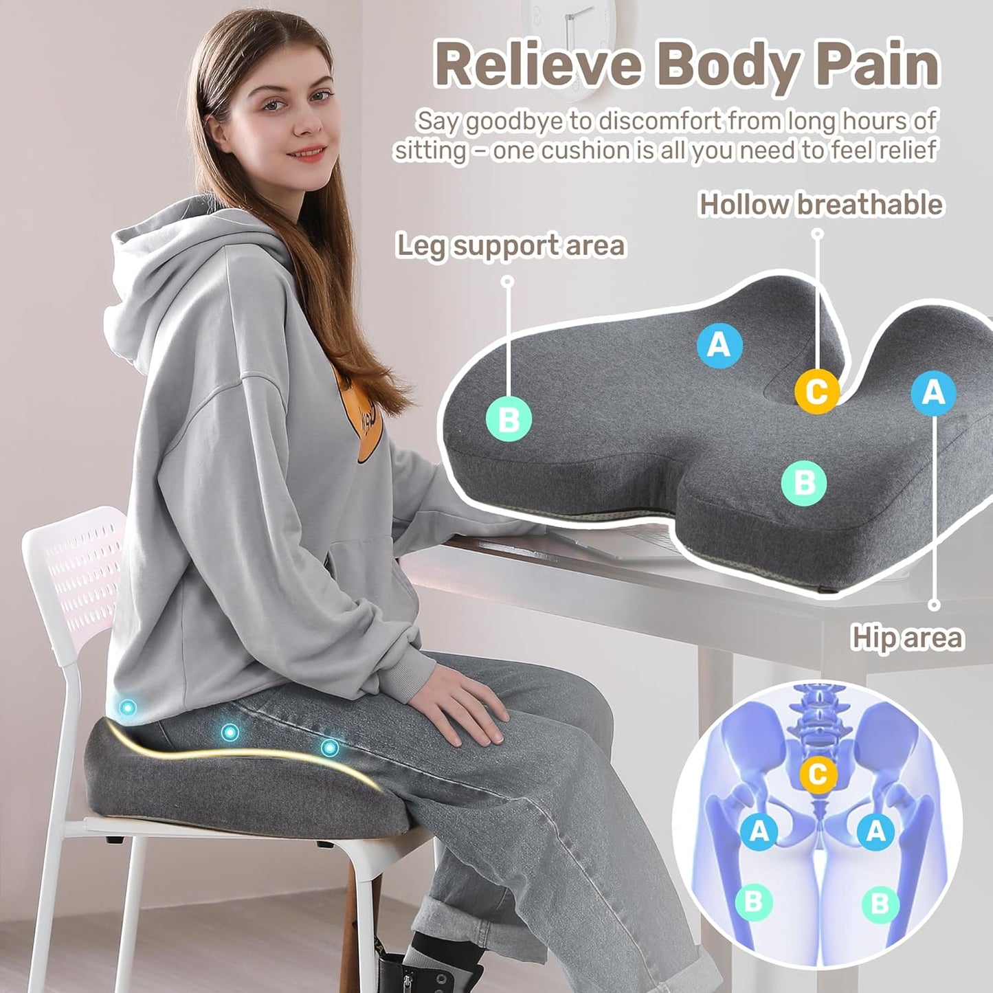 X Large Seat Cushions, 1 Pack Gel Memory Foam Office Chair Pads with Non-Slip Backing, Eligible Tailbone Pain Relief Cushion, Hip Warp Shape Washable Chair Cushions, 24" X 16" X 4"