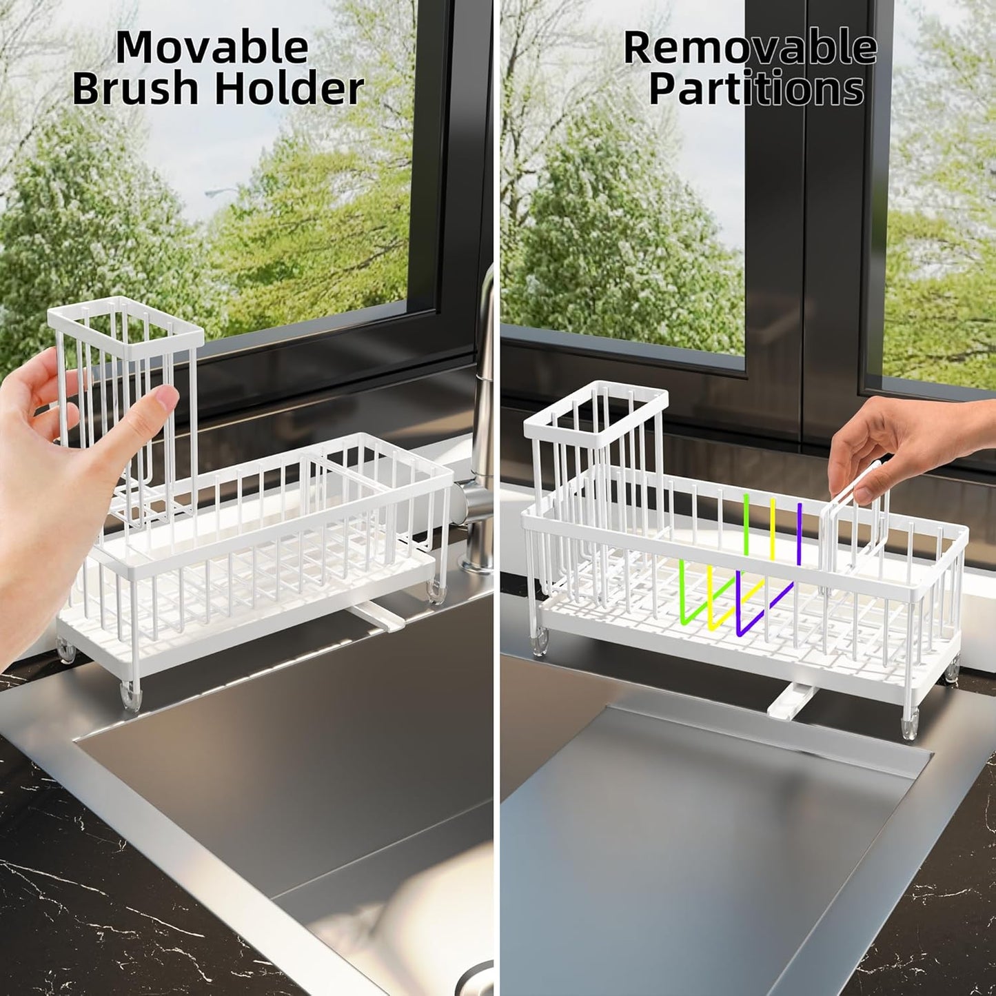 Extra Large Kitchen Sink Caddy, Rustproof Sponge Holder for Kitchen Sink with High Brush Holder, Stainless Steel White Kitchen Caddy Sink Countertop Organizer, Sponge Caddy for Kitchen Sink