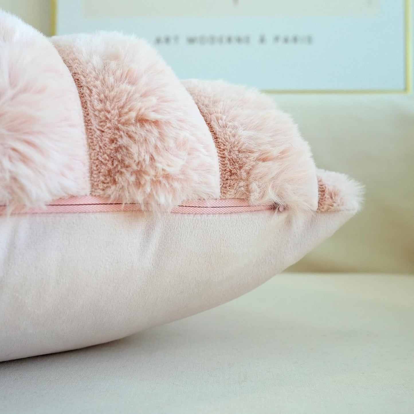Pack of 2 Faux Fur Plush Decorative Throw Pillow Covers Couch Cushion Case Soft Fluffy Pillowcases Wide Stripe (Pink, 18 X 18 Inch)