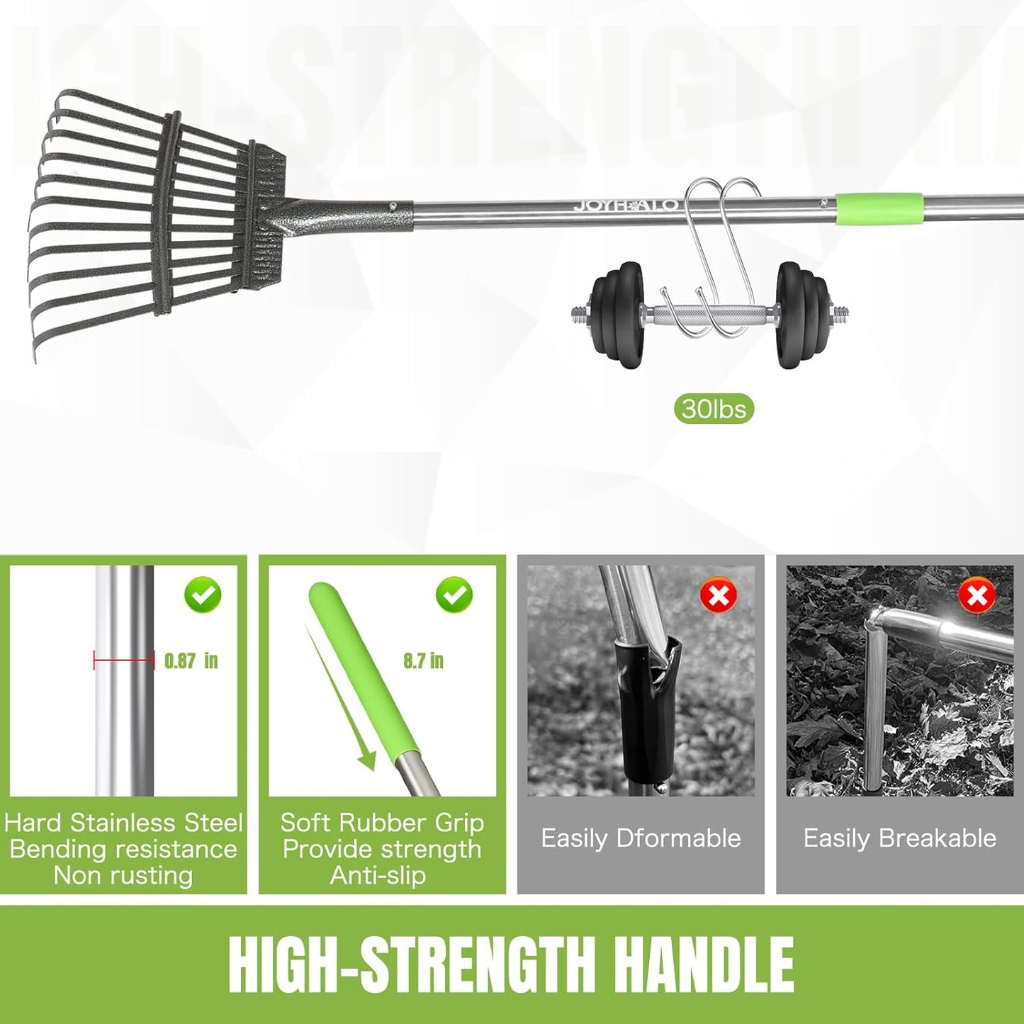 Small Leaf Rake, 8.5 Inch Wide Head with 11 Tines, Metal Garden Rake with Adjustable Handle 38.5 to 65 Inch for Gardening, Leaves, Weeds, Debris