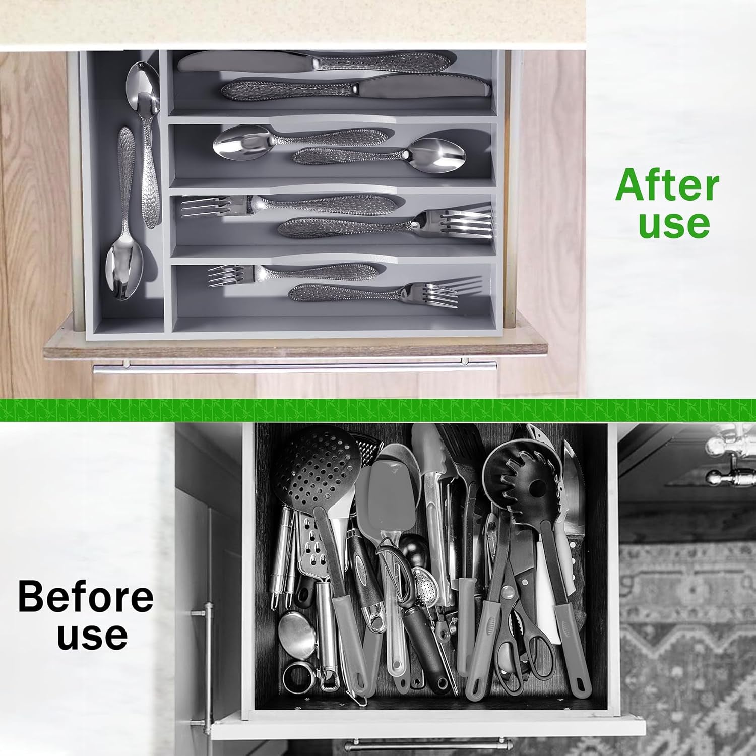 Gray Silverware Organizer 10 in Utensil Organizer Silverware Tray for Drawer Cutlery Flatware Organizer for Kitchen Bamboo Wood