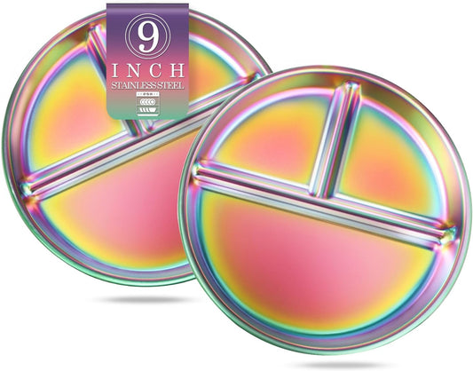 Stainless Steel Kids Plates Set of 2, 9" Portion Divided Plate for Toddler & Baby, Non Toxic Unbreakable Dinner Dishes, Metal Food Tray Camping Picnic Snack Nut Container, Bling Colorful