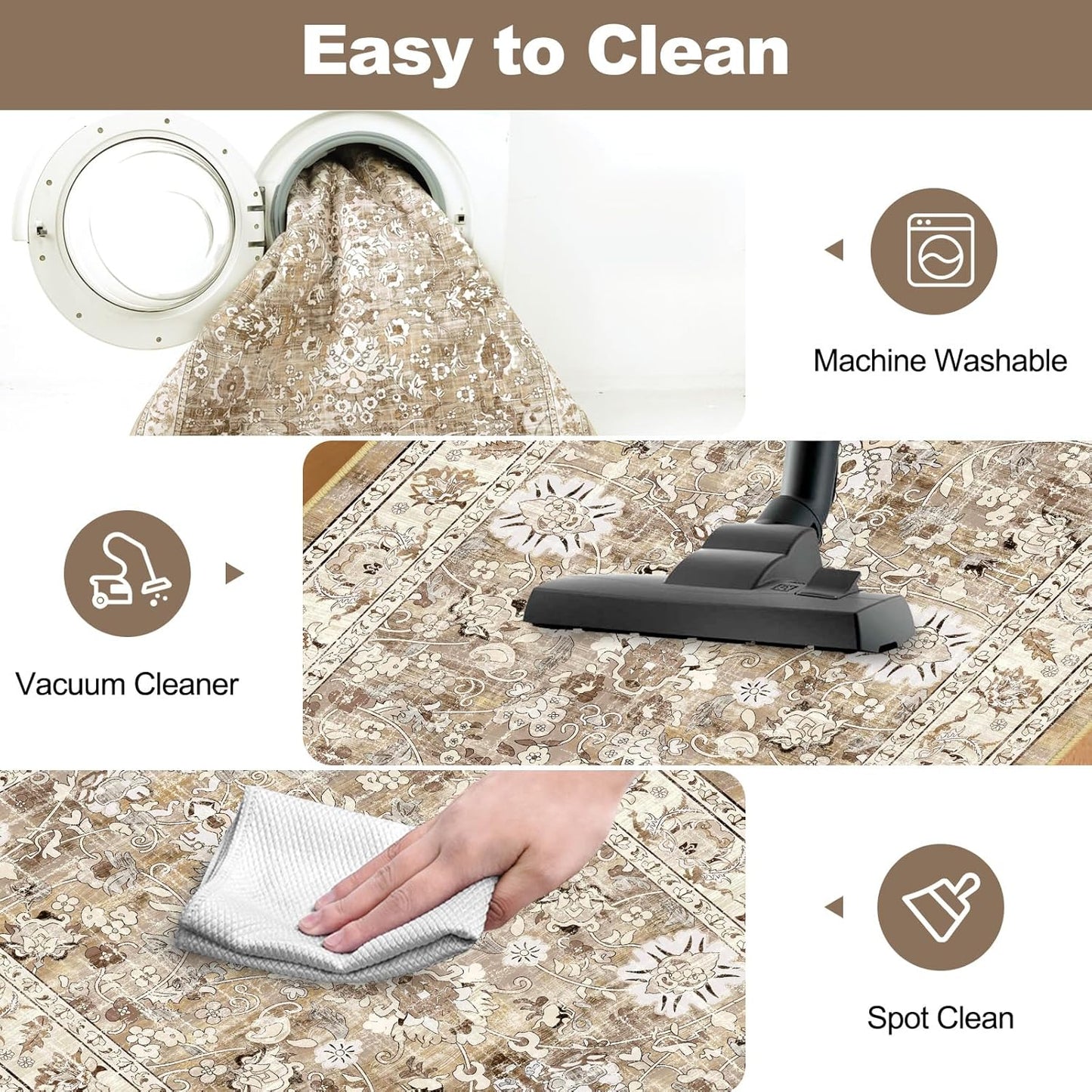 Washable Non-Slip Vintage Hallway Runner Rug, 2x8 ft, Boho Floral Soft Faux Wool Carpet with Rubber Backing for Laundry, Entryway, and Bedroom (Beige Brown)