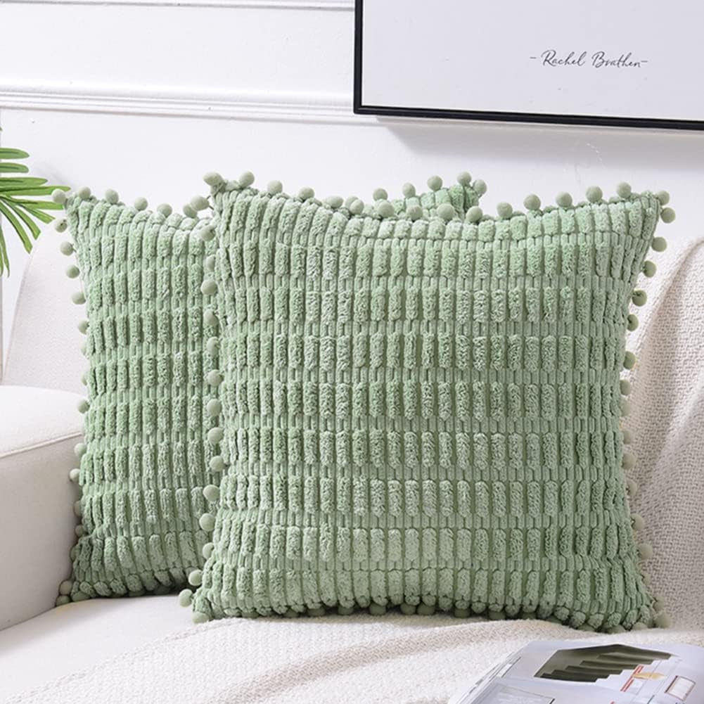 2 Packs Sage Green Decorative Throw Pillow Covers 18X18 Inch with Pom-Poms for Couch Bed Living Room, Farmhouse Boho Home Decor, Soft Corduroy Cute Square Cushion Case 45X45 Cm