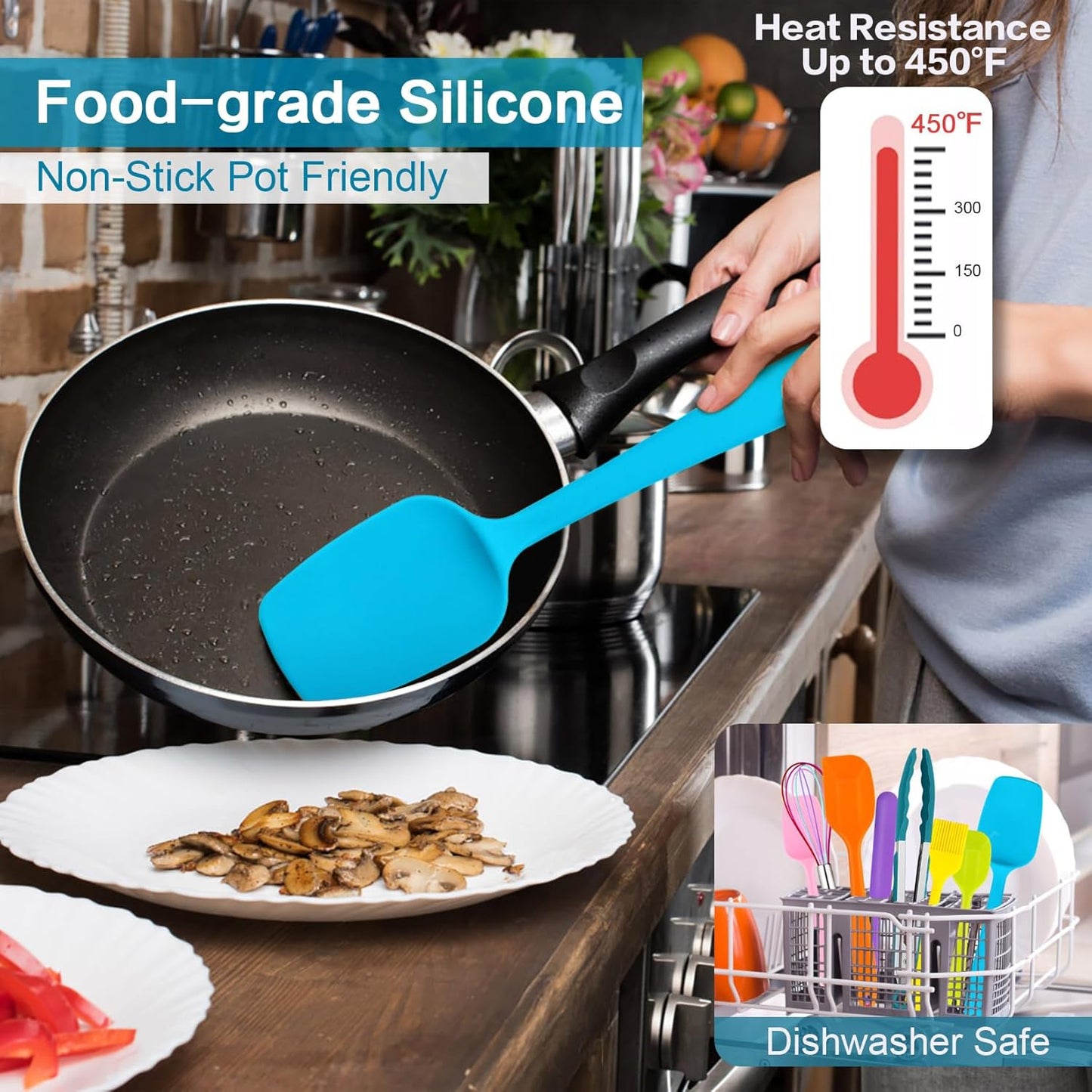 14 Pcs Silicone Spatulas Set, Heat Resistant Rubber Spatula for Nonstick Cookware, Include Spatulas, Cooking Spoons, Kitchen Tong, Baking Utensils, Dishwasher Safe, Multicolor