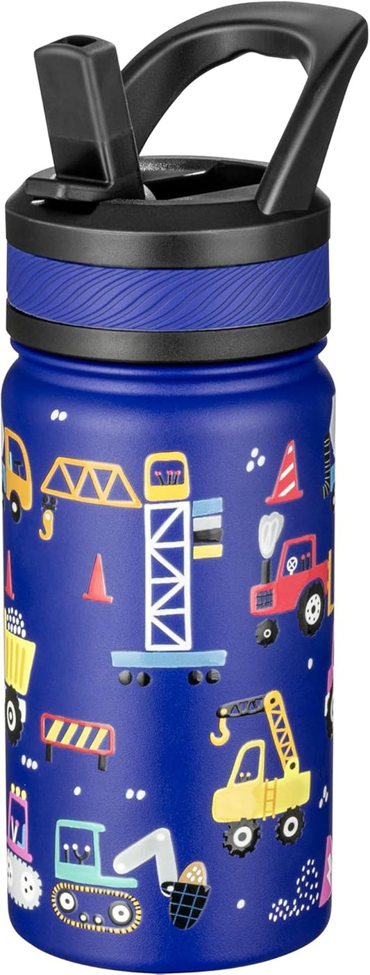 14 Oz Kids Insulated Water Bottle with Straw - Stainless Steel Double Wall Vacuum Cup, Leakproof, BPA Free, Suitable for Boys and Girls(Blue - under Construction)