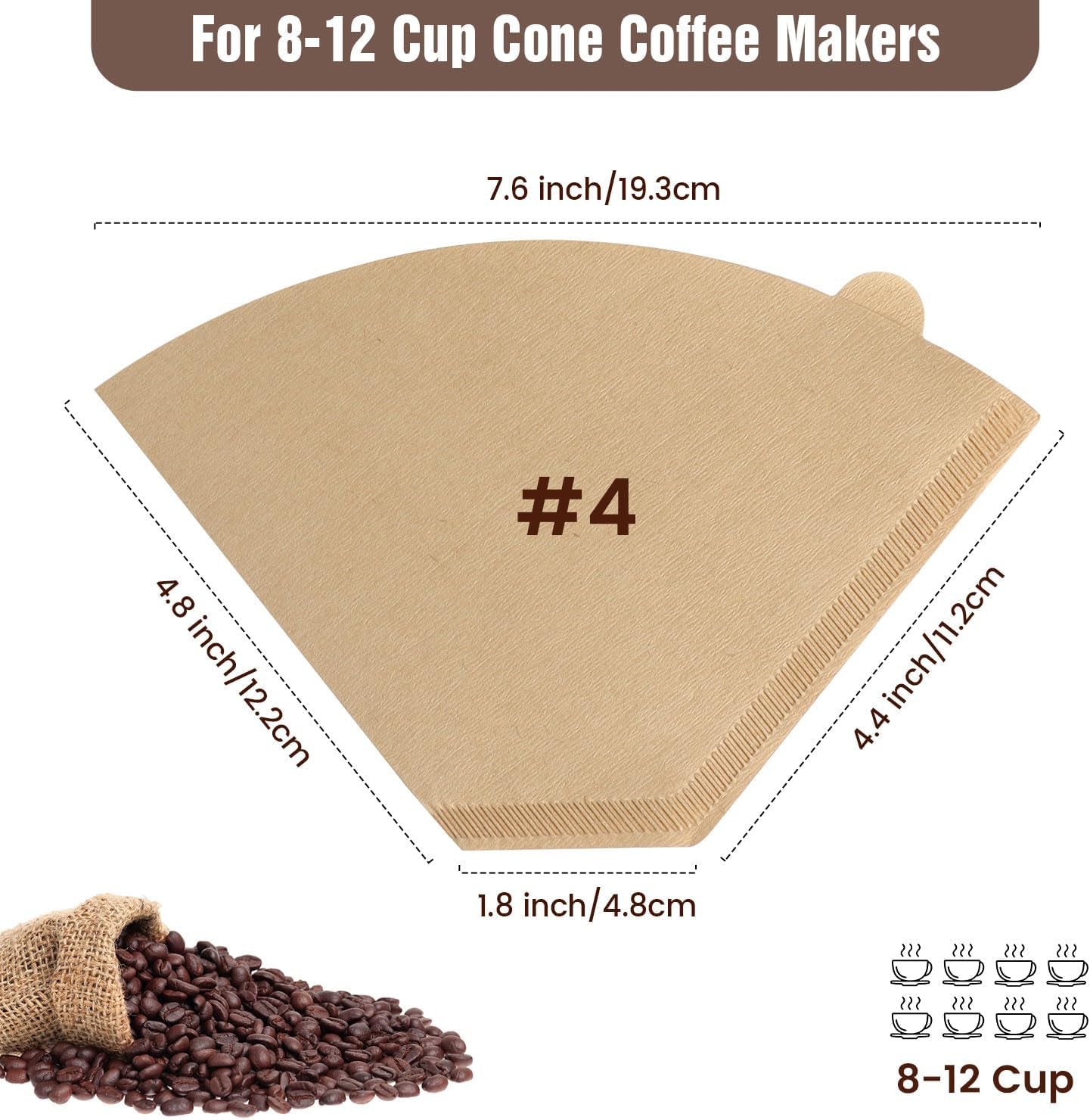 200 Count Cone Coffee Filters #4, Unbleached 04 Coffee Filters 8-12 Cup, Disposable Natural Paper Filters, No.4 Cone Filters for Ninja, Pour over and Drip Coffee Maker