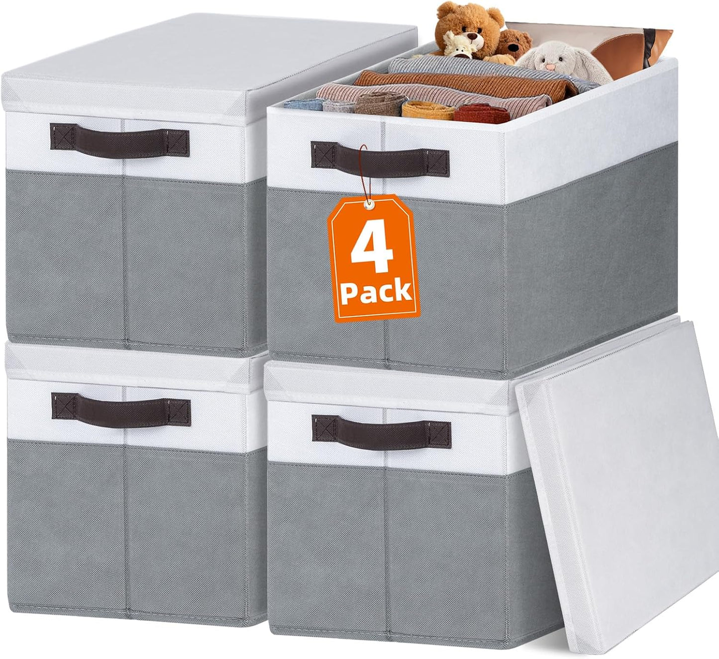 Large Storage Baskets Bins with Lids 4 Pack, Storage Baskets for Organizing Shelves Nursery Bedroom, Home Closet Organizers Cubes for Clothes Toys Blanket - Stackable & Sturdy -14X10X9.5