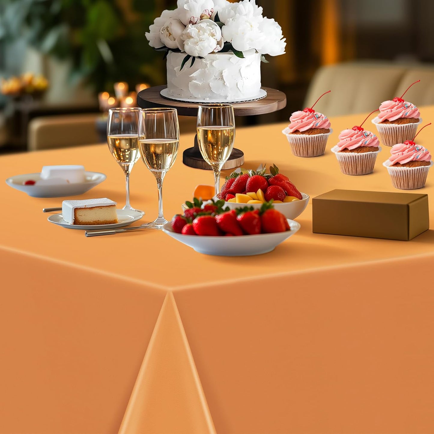 Set of 4 Orange Rectangular Tablecloths, 54x72 Inches, Waterproof and Spillproof Disposable Plastic Covers for Dining, Buffets, Picnics, and Outdoor Events