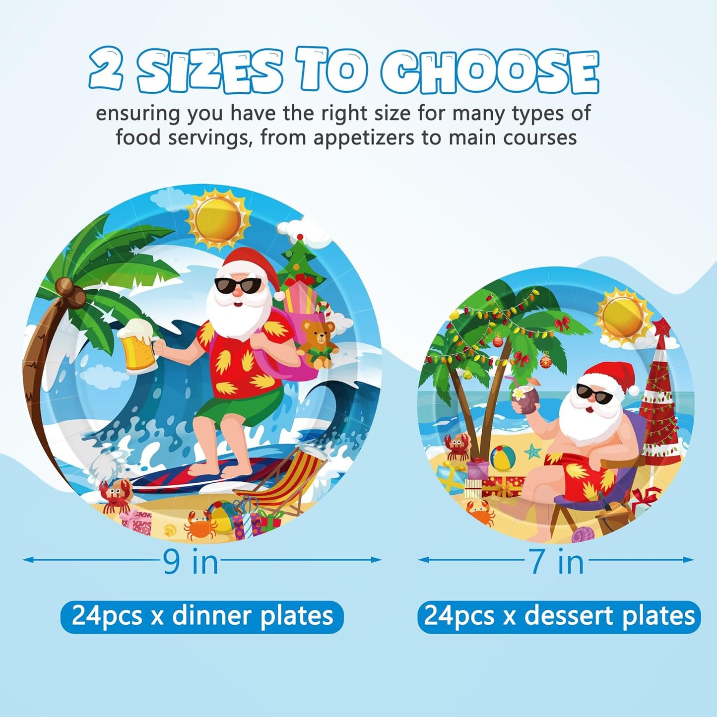 48Pcs Christmas in Summer Plates, Disposable 7 Inch and 9 Inch round Tableware Set, Xmas Tropical Holiday Decorations, Summer Christmas Paper Plates for July Christmas Beach Picnics Party
