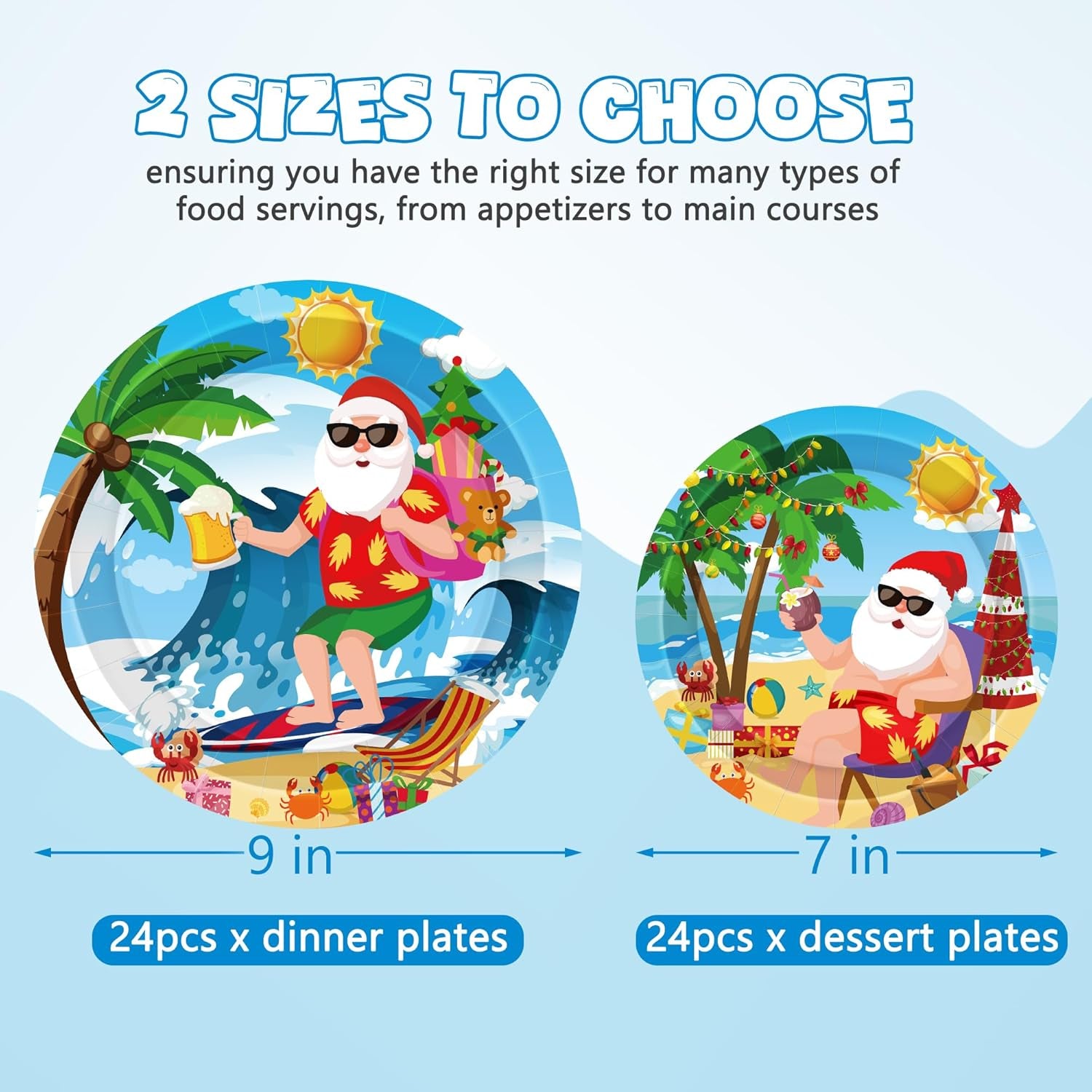 48Pcs Christmas in Summer Plates, Disposable 7 Inch and 9 Inch round Tableware Set, Xmas Tropical Holiday Decorations, Summer Christmas Paper Plates for July Christmas Beach Picnics Party